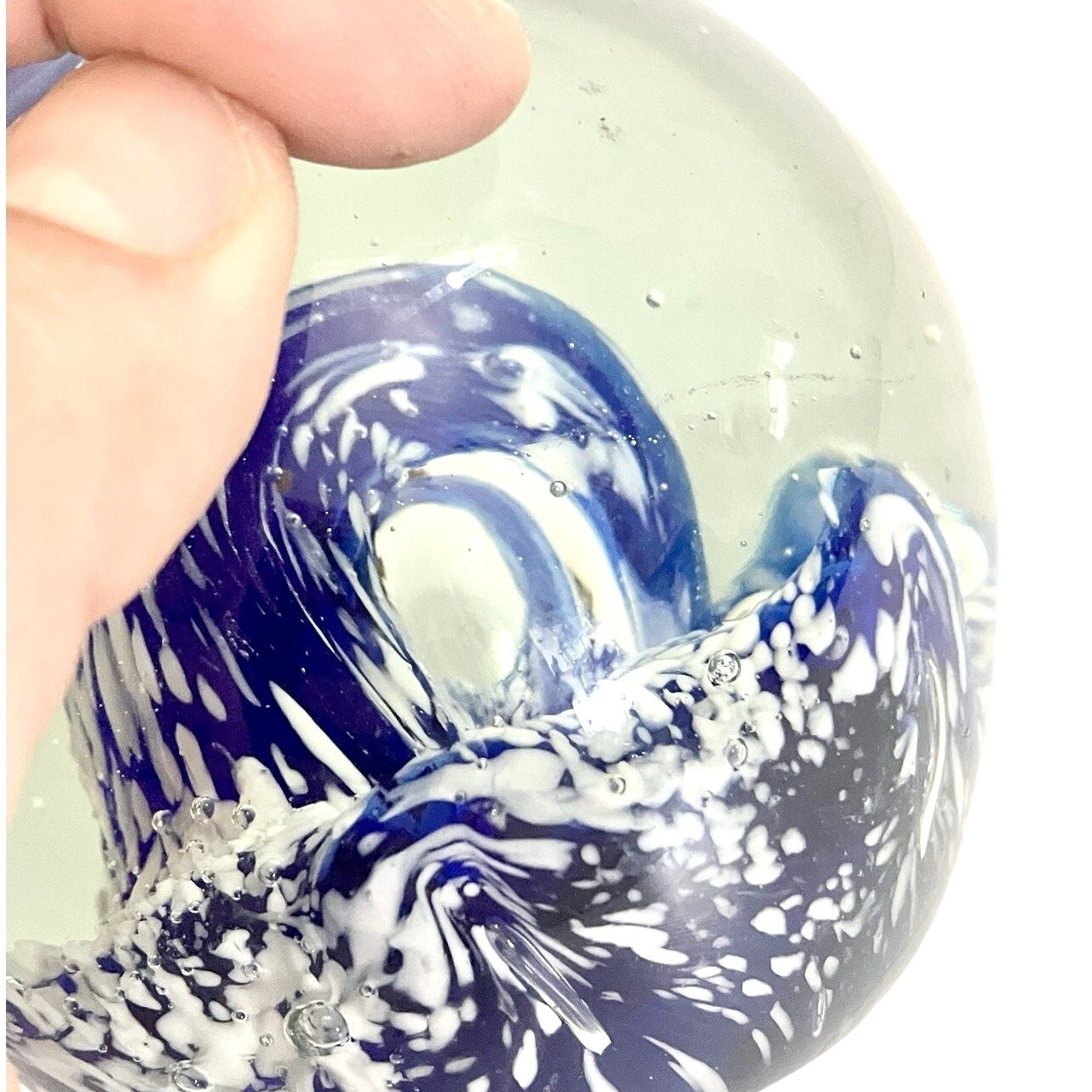 Art Glass Orb Paperweight 4” Sphere Handblown Blue Ocean Waves & Dolphins/ Fish
