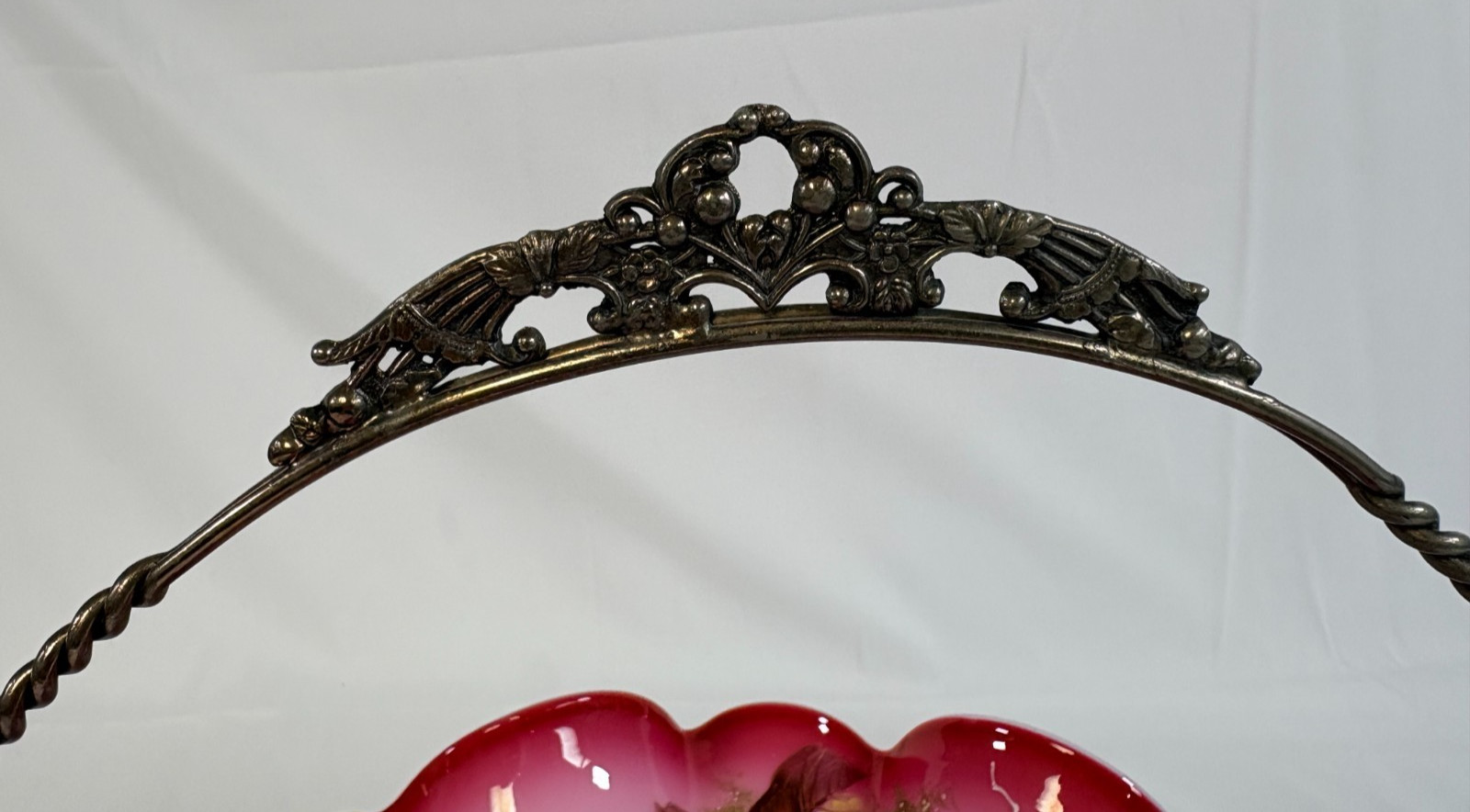 Antique Brides Basket Victorian Rose Pink Painted Glass W/ Silver Plated Stand