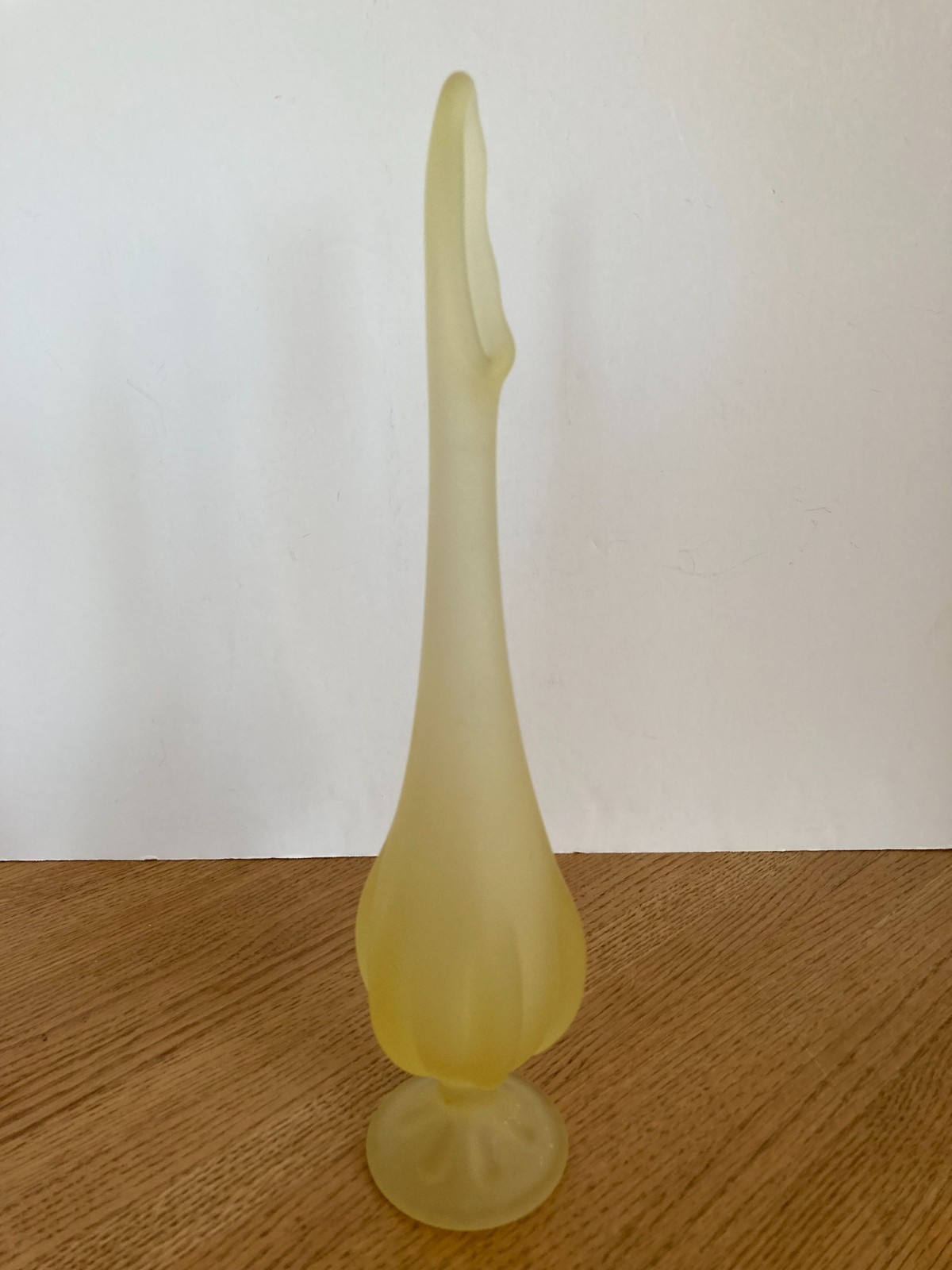 Vintage Viking Glass Yellow Satin Frost 6 Petal 12″ Footed Swung Vase w/ Label