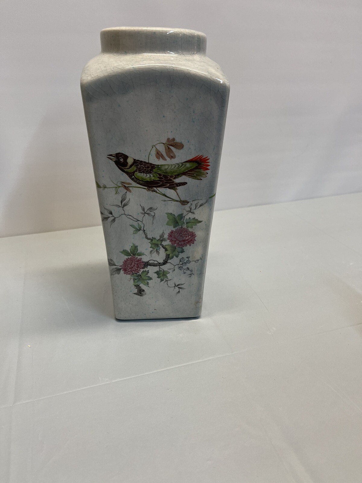 Vintage 10”Bird Of Paradise Porcelain Vase. Glossy Crackle Finish.