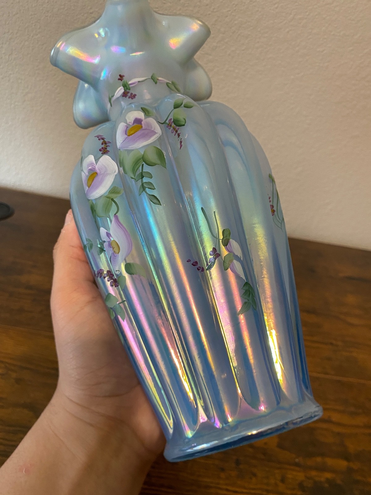 VTG FENTON FOR COYNE Sapphire Blue Opalescent Floral Melon Vase #851, 11 1/8″H