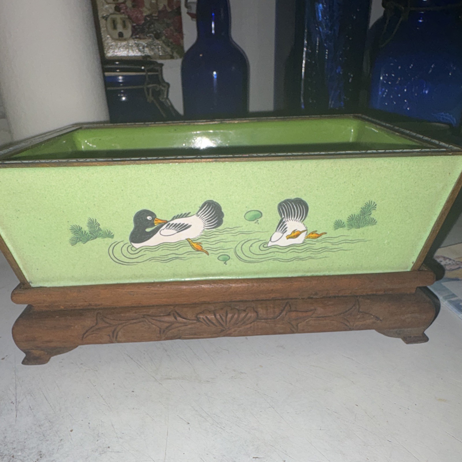 Hand-Painted Green Rectangular Ceramic Planter w/ Wood Base, Ducks Floral