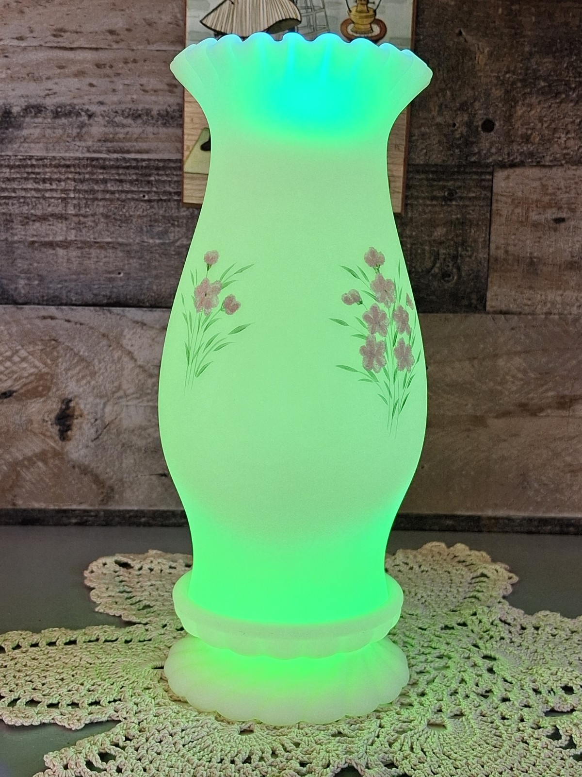 Fenton Custard Uranium Glass Sugared Pink Blossom Two piece Hurricane Lamp