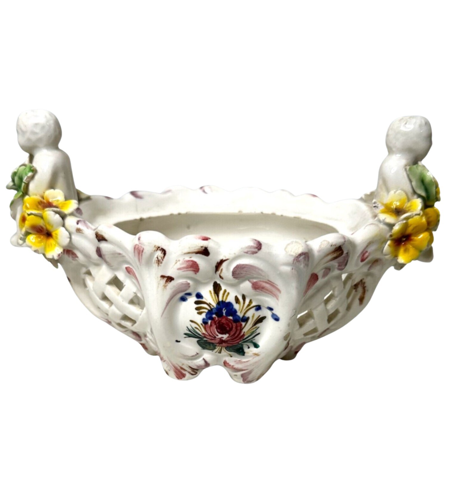 Vintage Bowl Vase Server, Italy, Hand Painted Floral Design, Two Cherubs