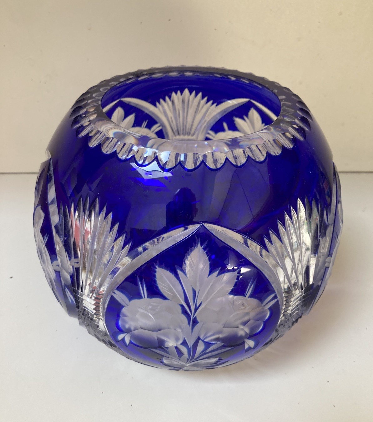 Vintage Bohemian Czech Cobalt Blue Cut to Clear Crystal Large Rose Bowl 7” Vase