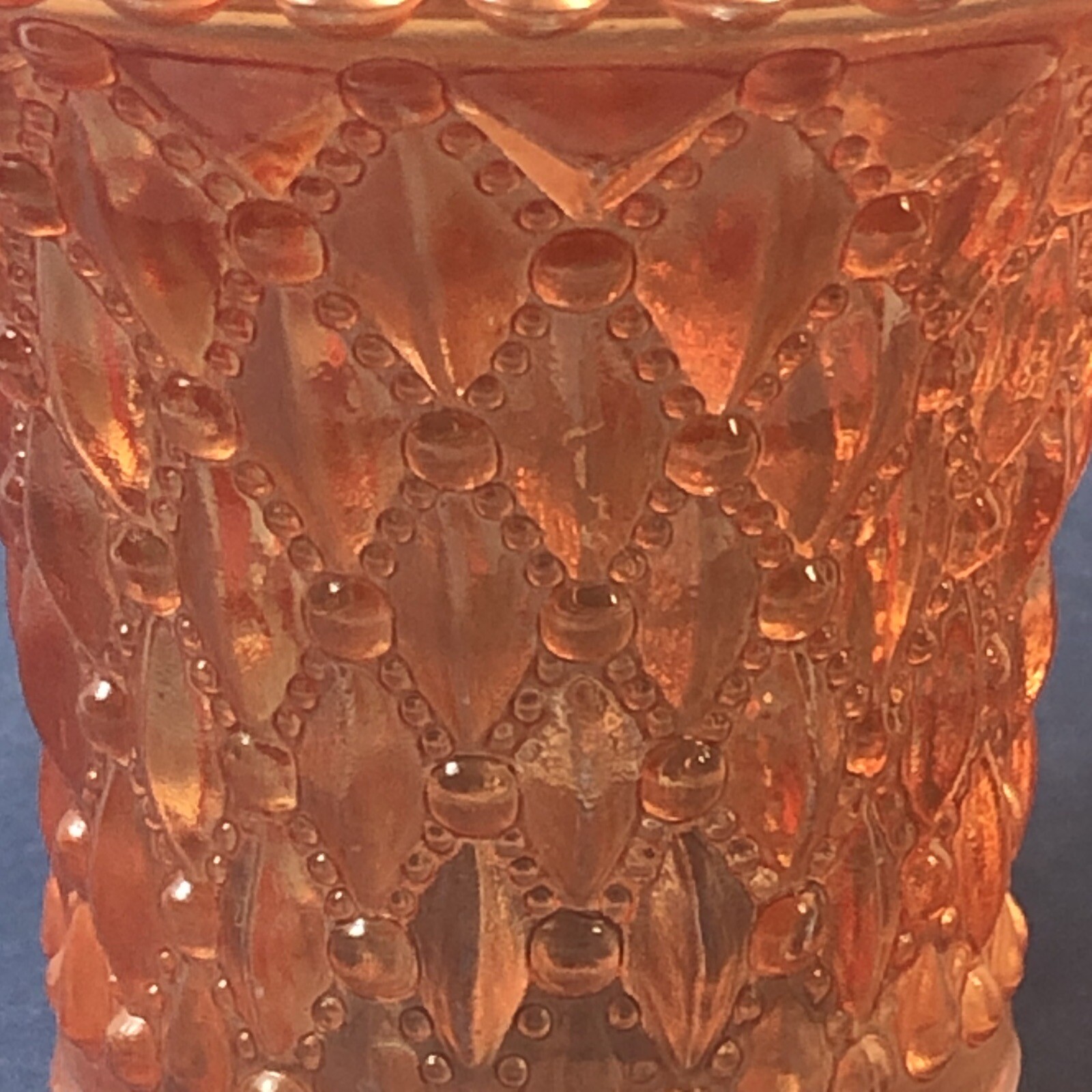 Glass Tealight Candle Holder Peach Color With Diamond Design 2 3/4 inches Tall.