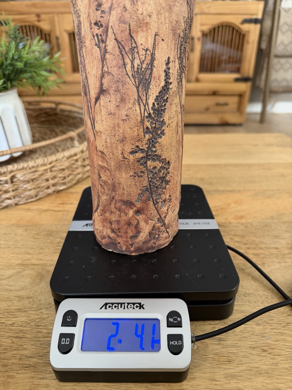 Primitive Pottery Vase Etched Tree Motif Irregular Top Edging 11” 2.4lbs SIGNED