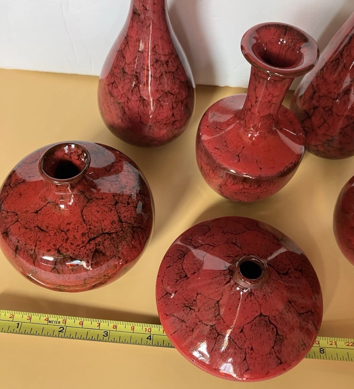 Red And Black Glazed Pottery Small Vases Lot Of 6 Various Sizes And Shapes