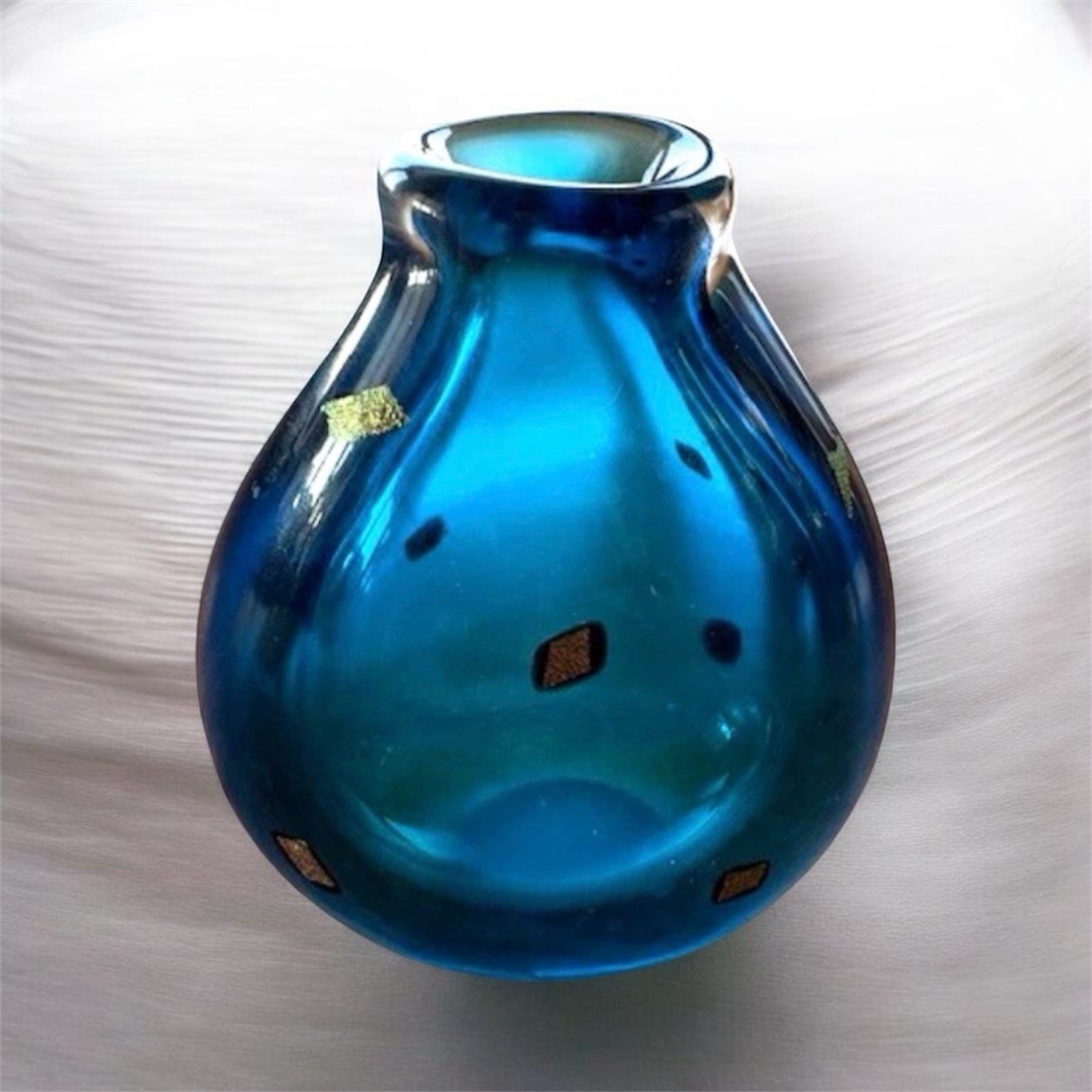 Studio Art Glass Vase Cobalt Blue Gold Black Specks Signed Sharon Fujimoto
