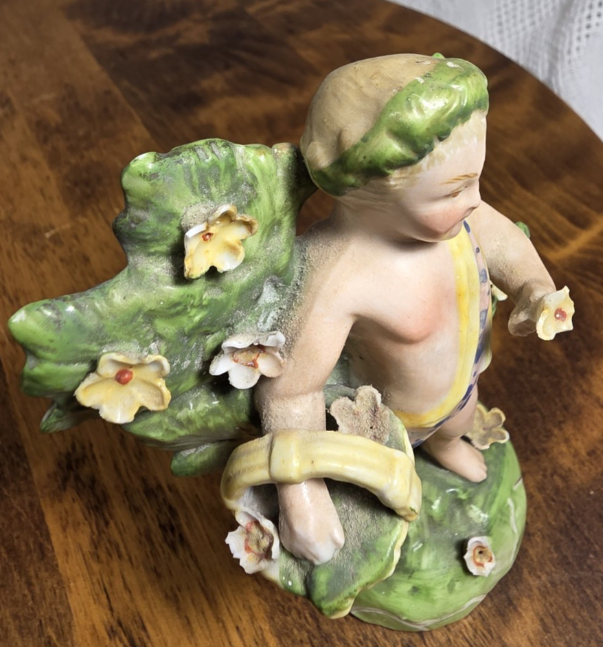 Antique German Porcelain Cherub Putto Figurine Bocage Flower Basket c1900 4.25″