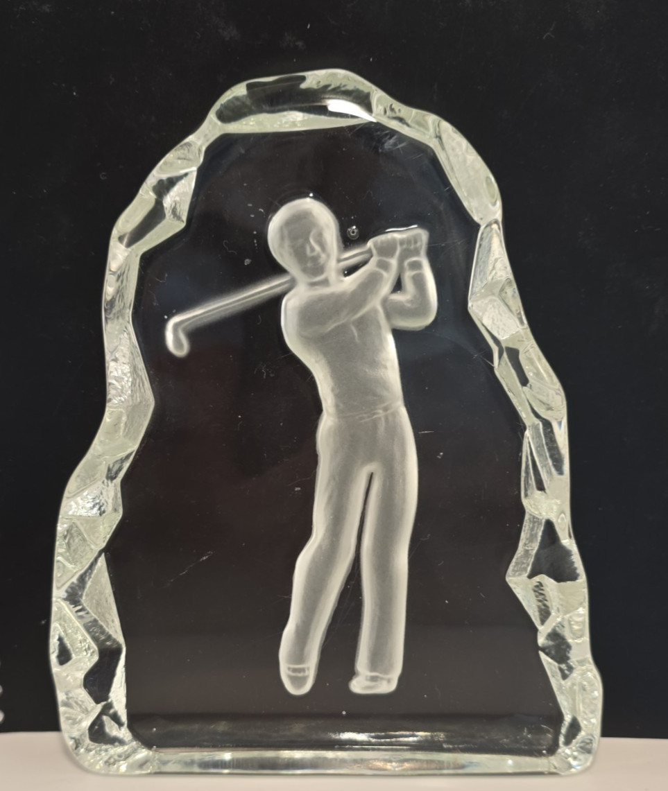 Nybro Sweden Crystal Golfer Paperweight Frosted Figure Clear Base 7″ Vintage