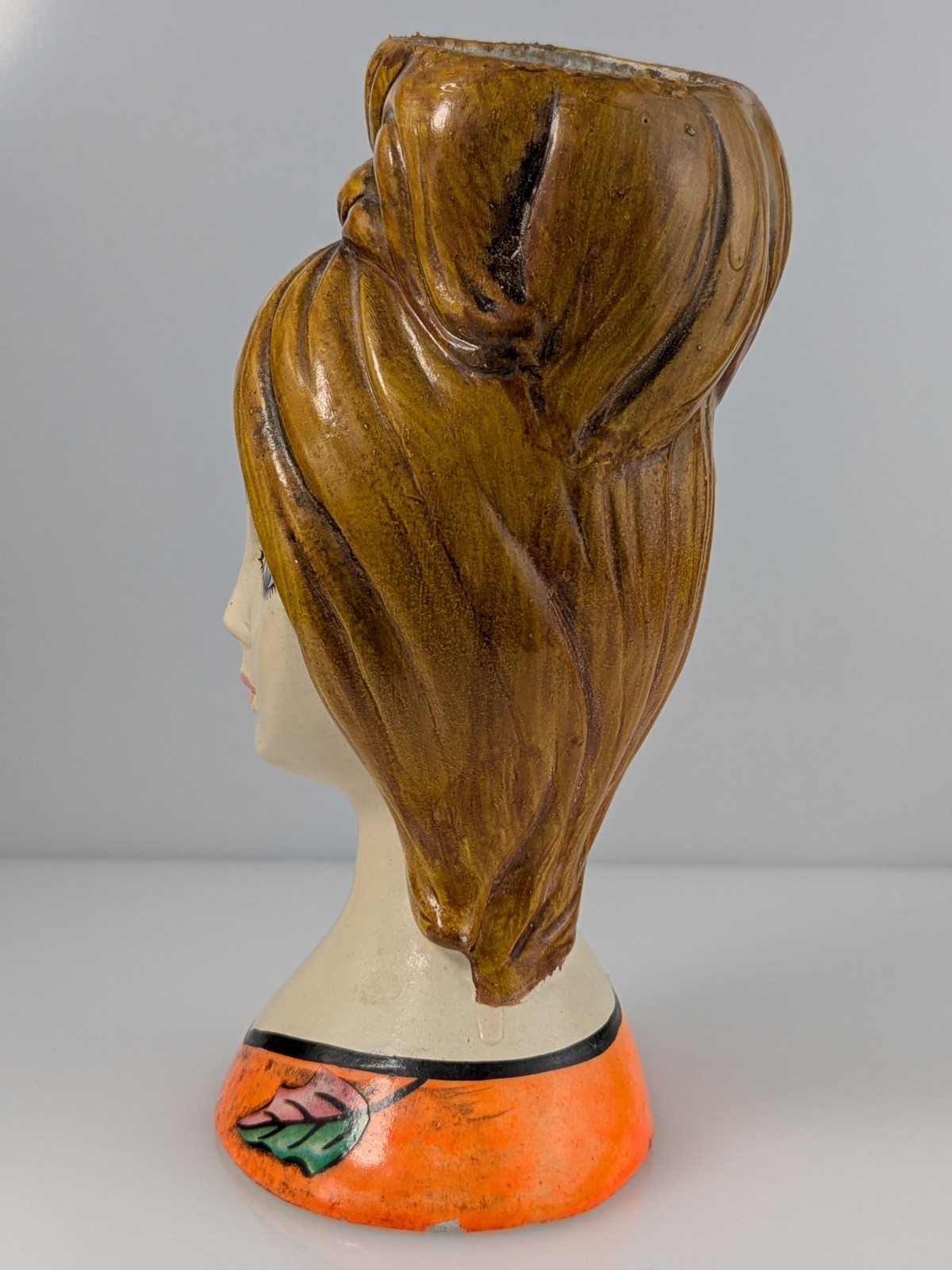 Vintage Lady Head Vase Japan 7″ Big Blue Eyes Bouffant Orange Folk Art Texture