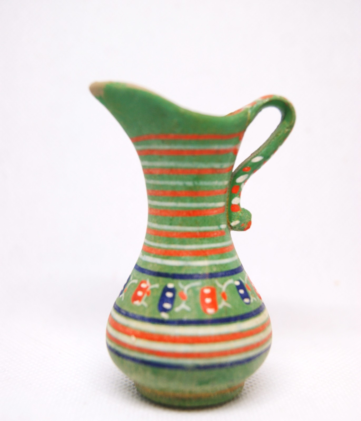 Vintage Moss Green with Orange and Blue Pottery Mini Ewer Pitcher Greek style
