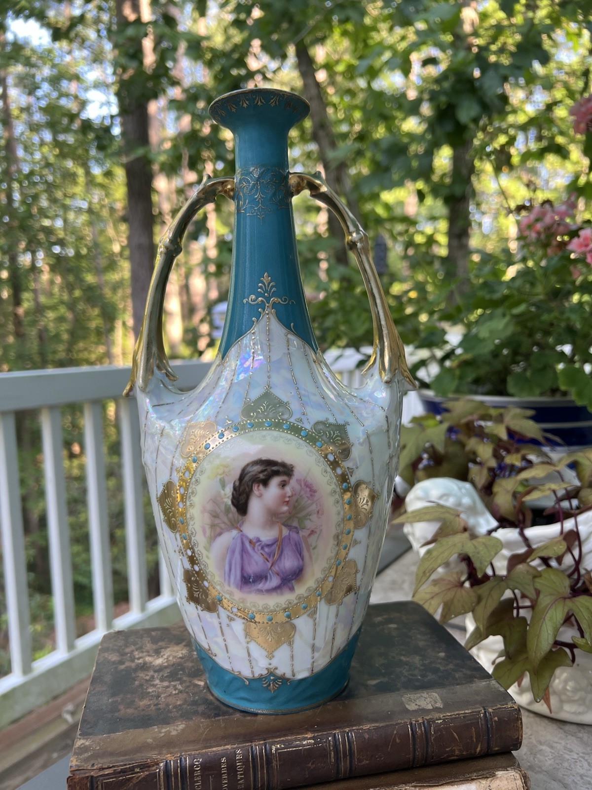 Antique Royal Saxe Germany Portrait Vase Turquoise Gold Gilt