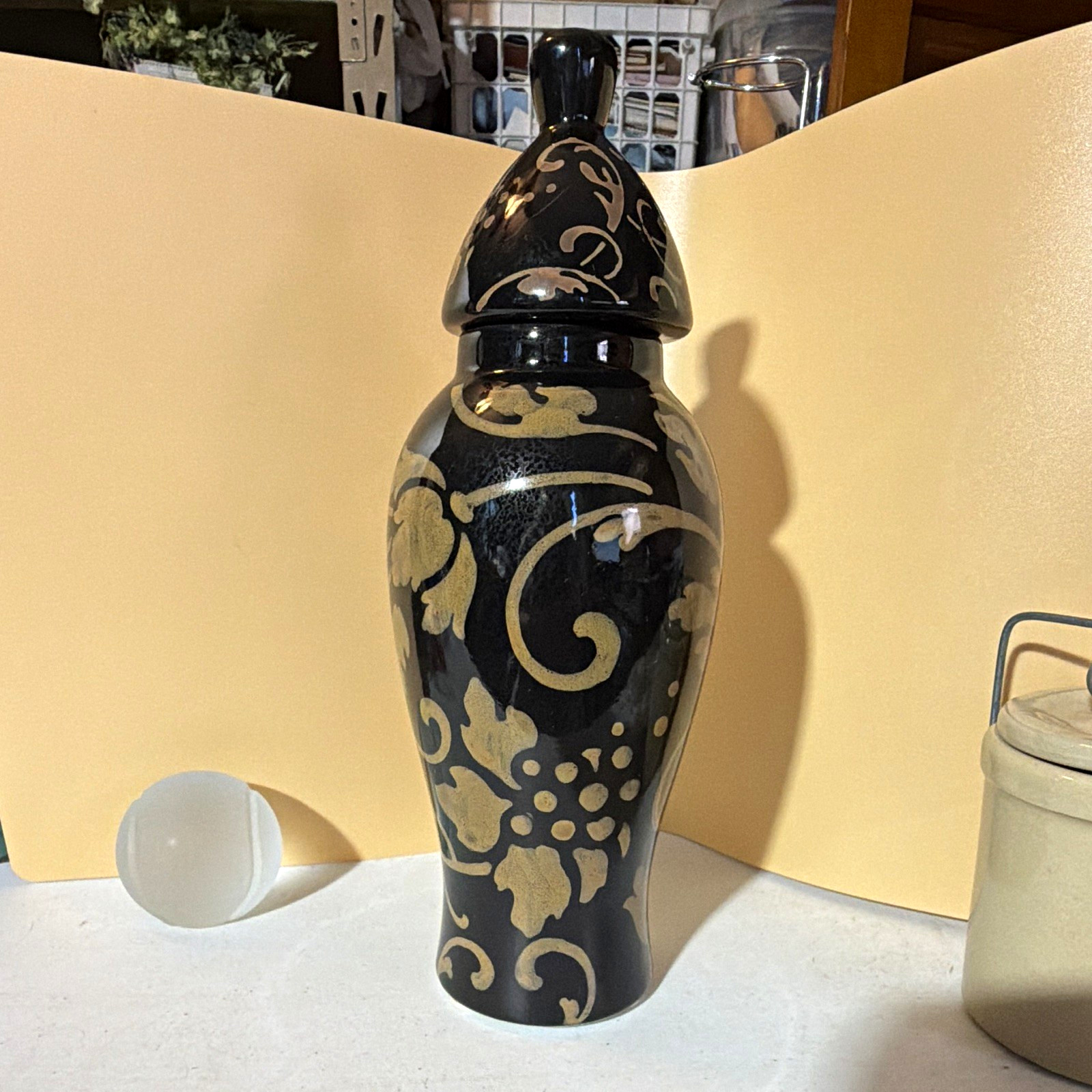 Black & Gold Floral Ceramic Lidded Vase 12in Glossy Finish Decorative