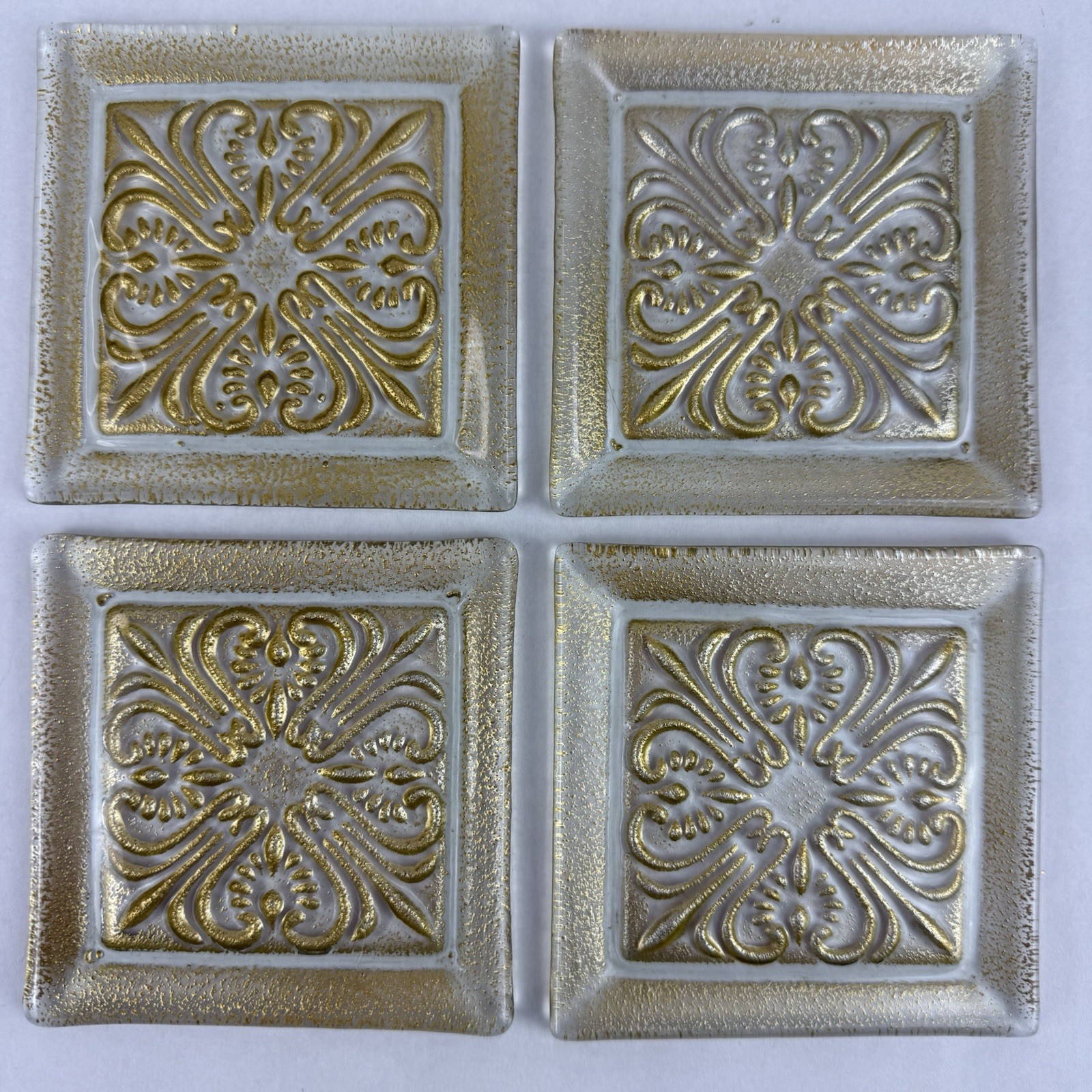 4 Glass Coasters Swirl Floral Gold Antique Ceiling Tile Design 3.75”