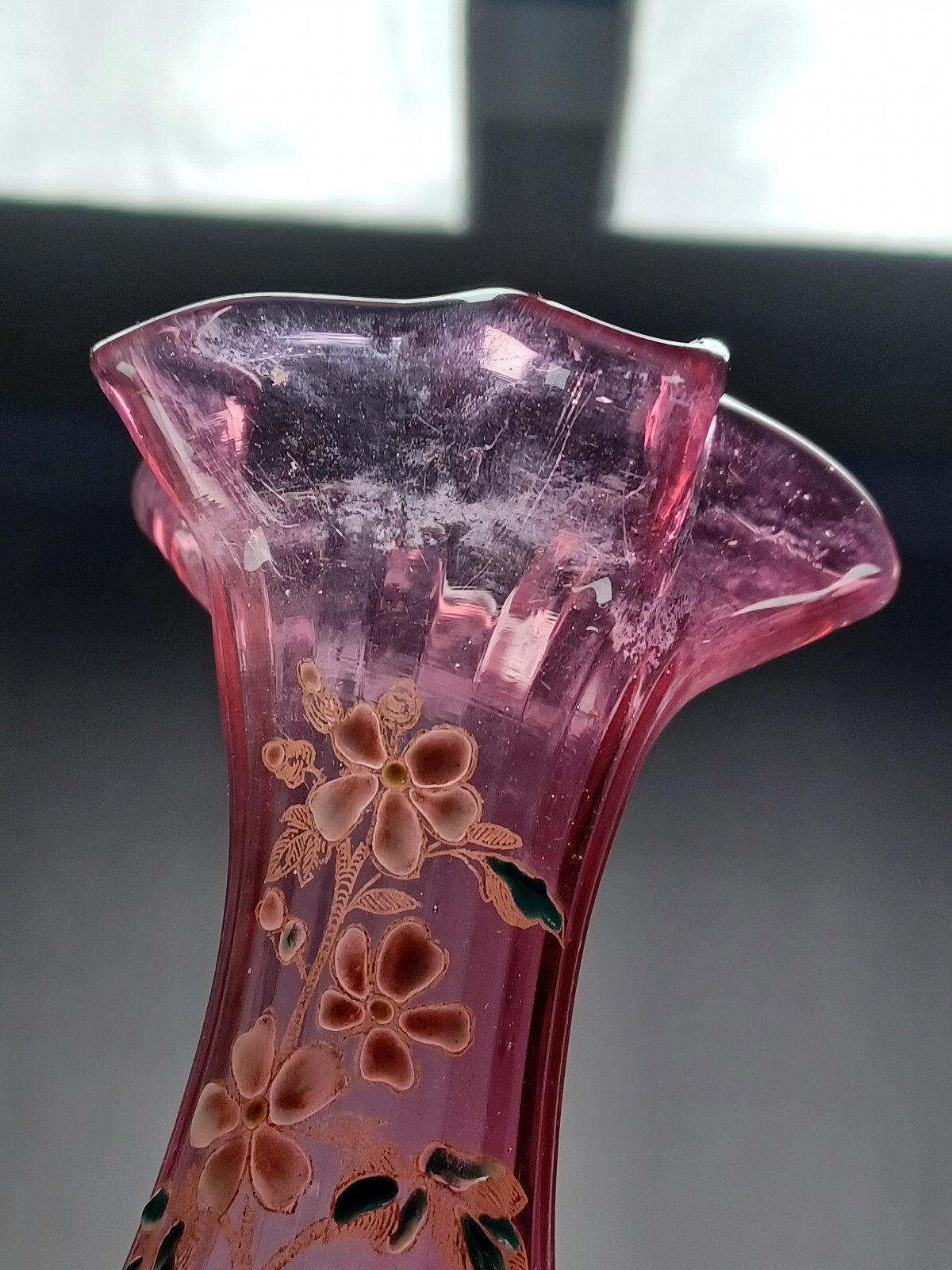 French Legras Hand Enameled Pink & White Floral Cranberry 6 1/4 Inch Vase