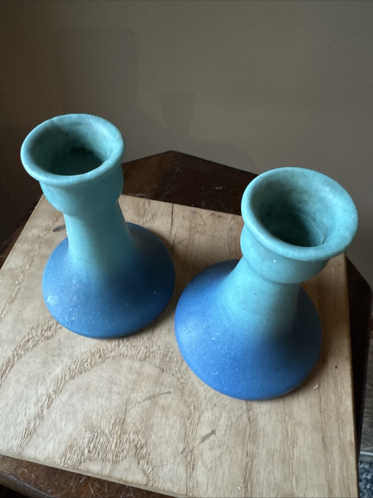 Vintage Van Briggle Ming Blue Art Pottery Candlestick Holders Pair 4.5 Inches