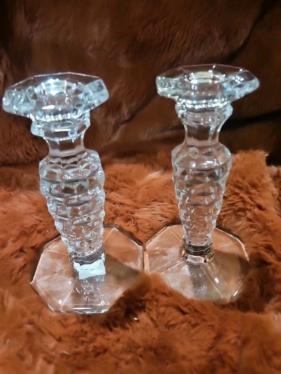 Vtg Fostoria American Cube Cubist Depression Glass 6″ Candlestick Holder Pair