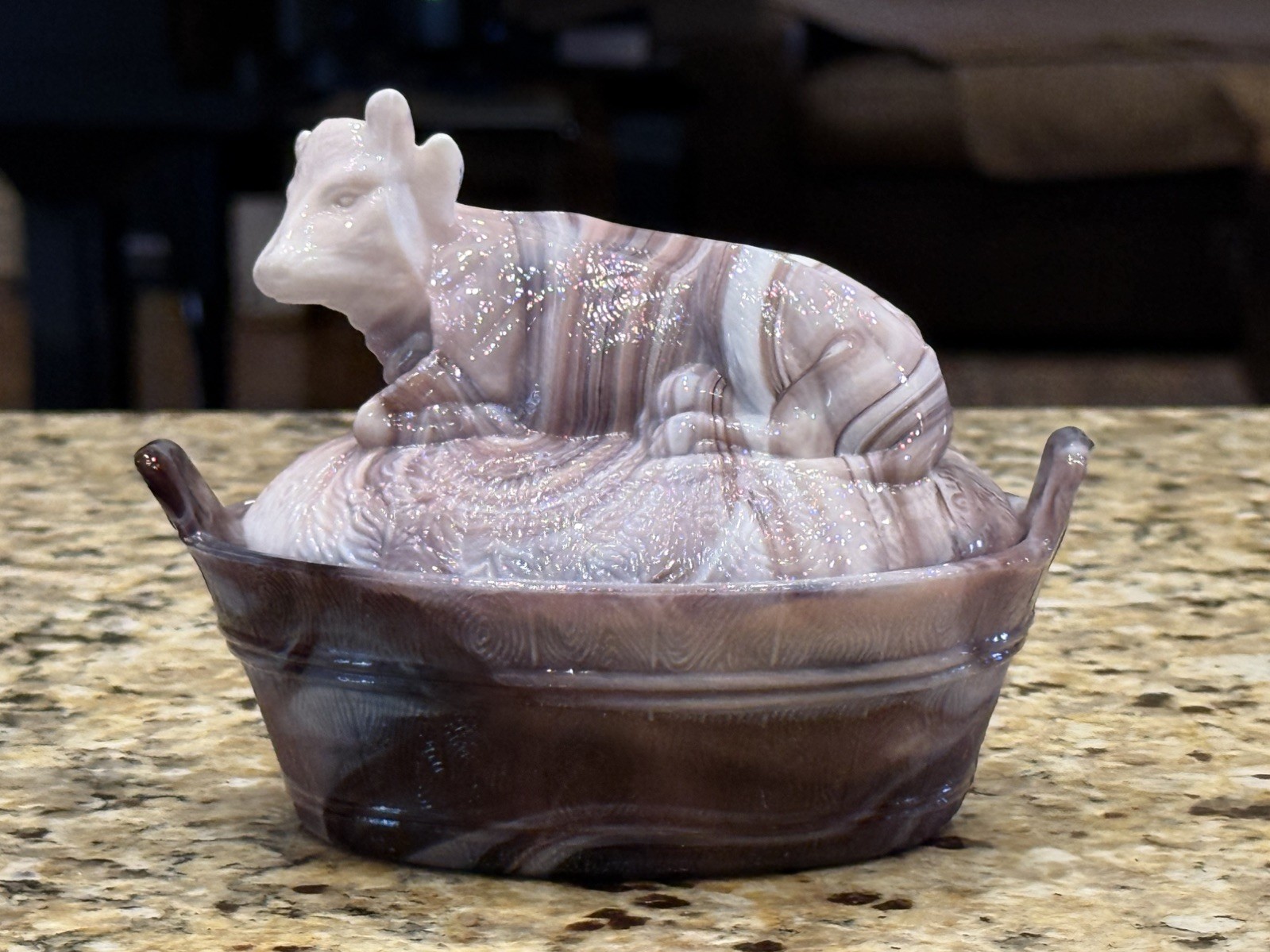 Slag Cow On Nest Purple Amethyst White Swirl Glass Covered Dish RARE BEAUTIFUL