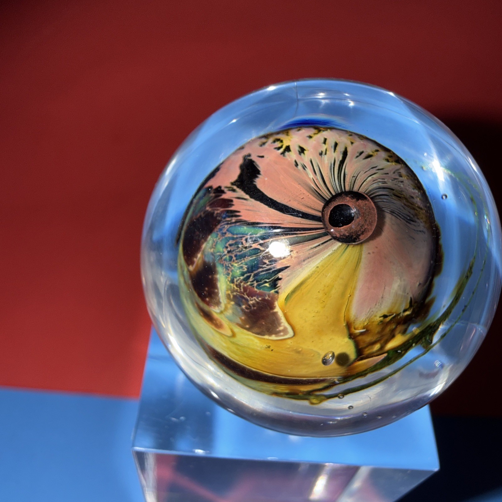 Josh Simpson Inhabited Planet Glass Marble Ocean Earth Orb 1.5” Round W/Stand