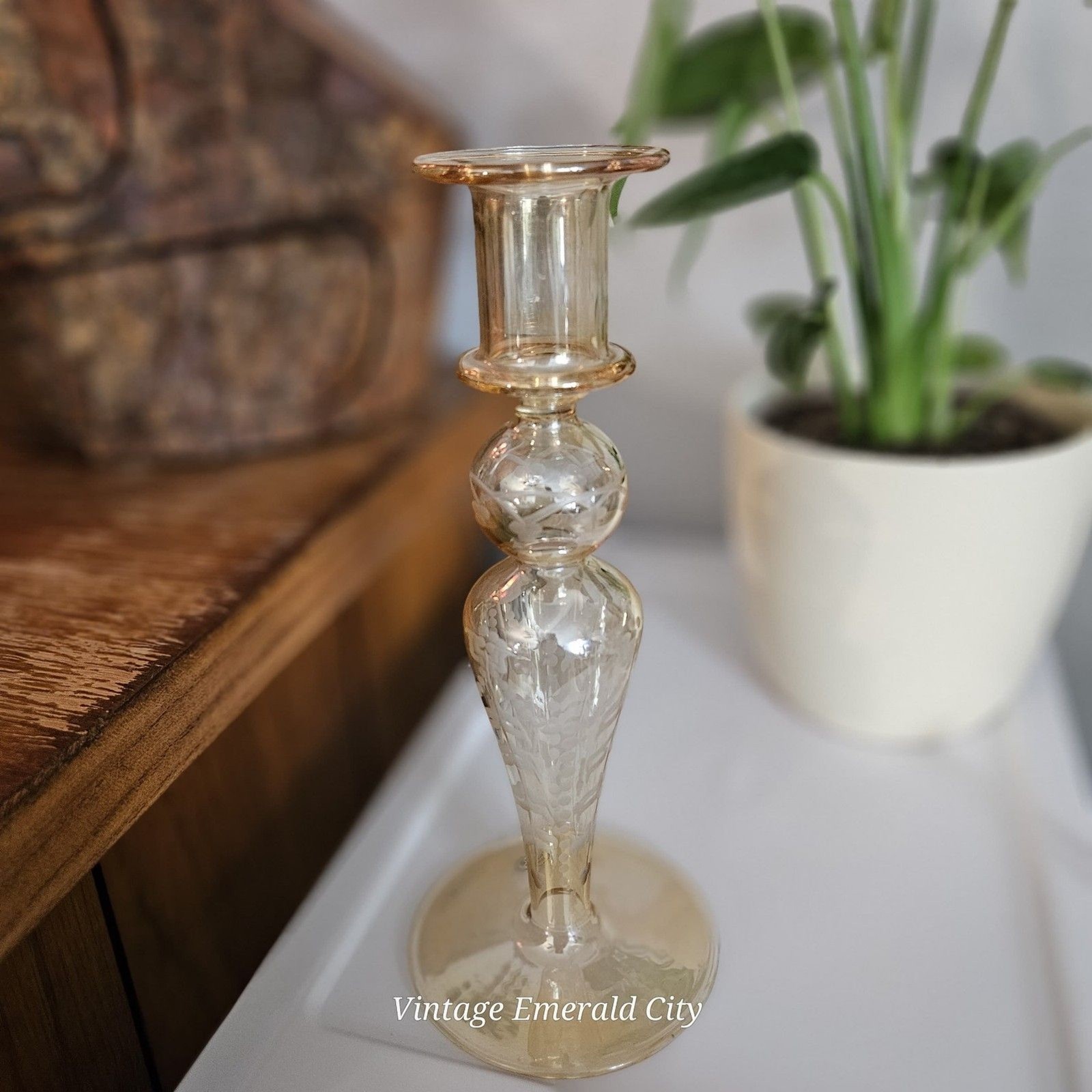 Vtg Egyptian Glass Single Light Candlestick Amber Etch Iridescent candle holder