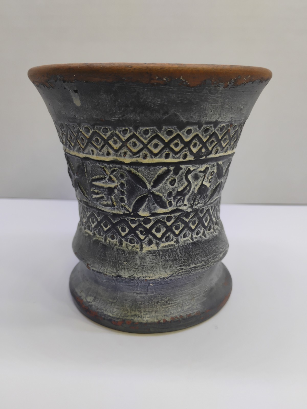 Greek Studio Pottery Stoneware Vase Mid Century Incised Signed EB Handmade