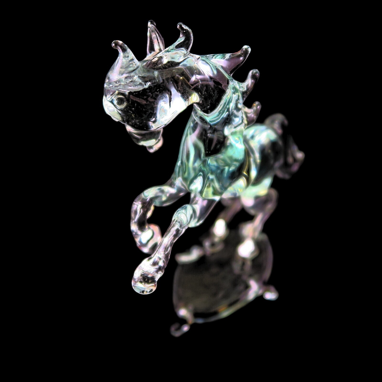 Vintage Art Glass Rearing Horse Figurine – Clear with Blue‑Green Tint, 6 Inches