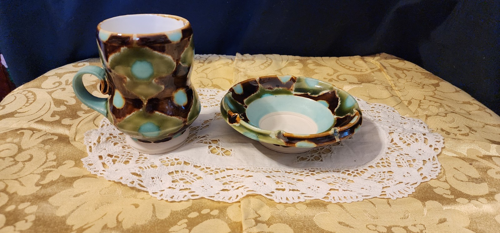 Studio Pottery By Ceramist Artist Thad A Drip Glaze Blue Green Brown Mug/Saucer
