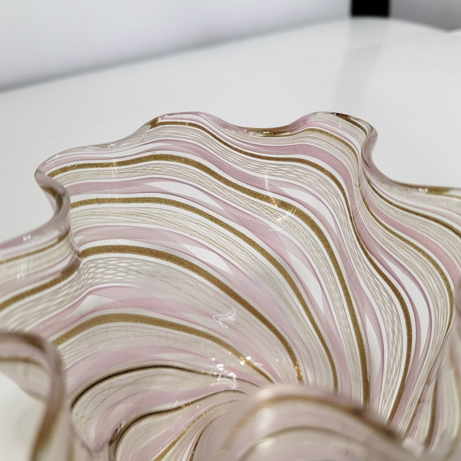 Venetian Glass Handkerchief Vase pink white aventurine latticino 3 inch