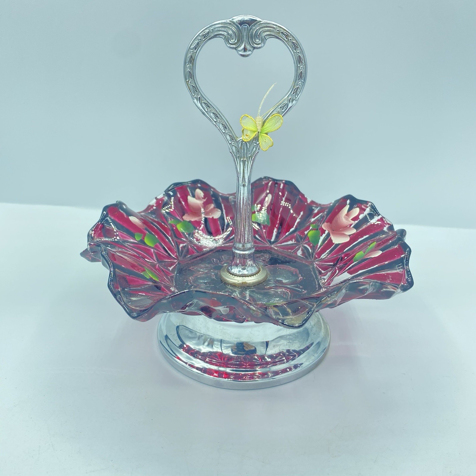 Opalescent Cranberry Glass Brides Basket Silver Plate Stand Floral