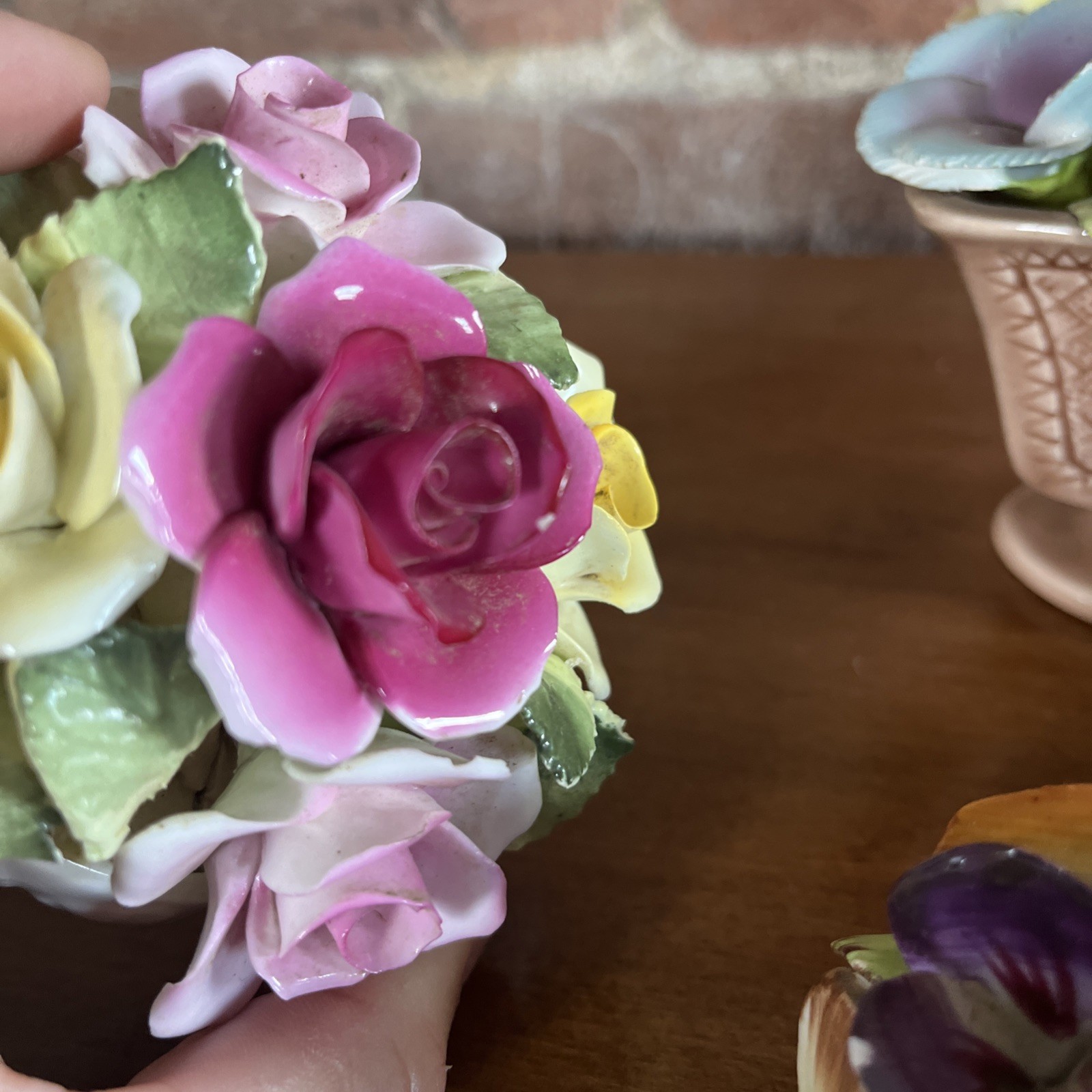 Lot Of 3 Porcelain Hand Molded Flower Baskets Log Floral Pansies Roses Decor
