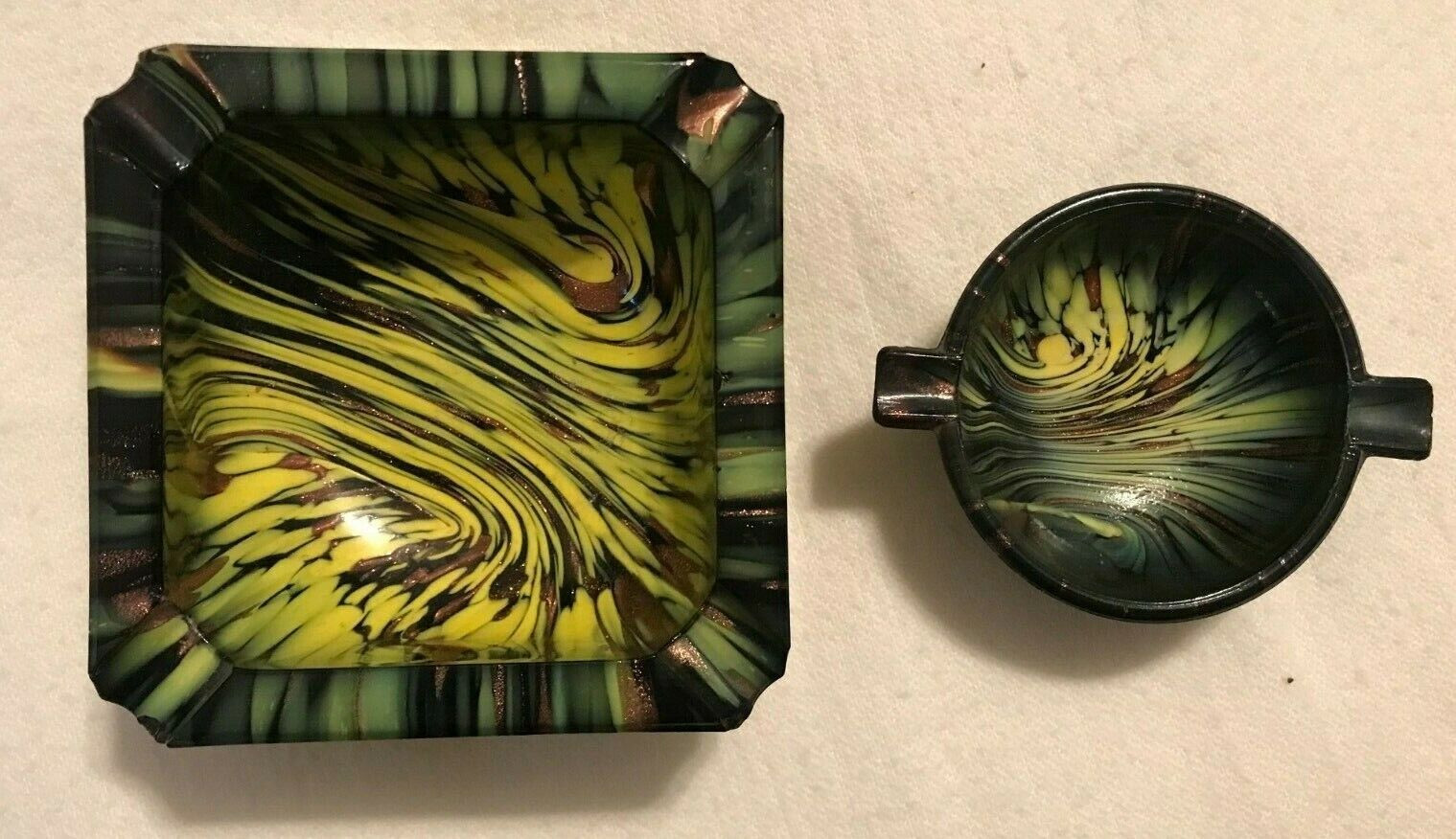 Vintage 1970s Murano Italy Green Yellow Copper Glass Cigar Ashtray Dish Set of 2