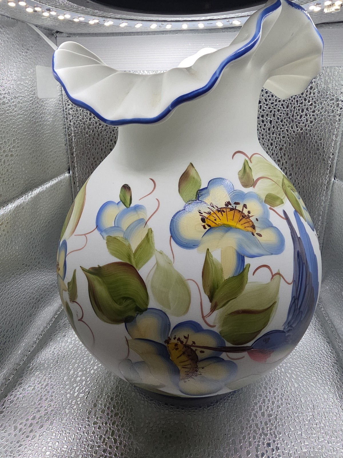 Vintage Fenton Handpainted Hummingbird Vase 8 Inches.