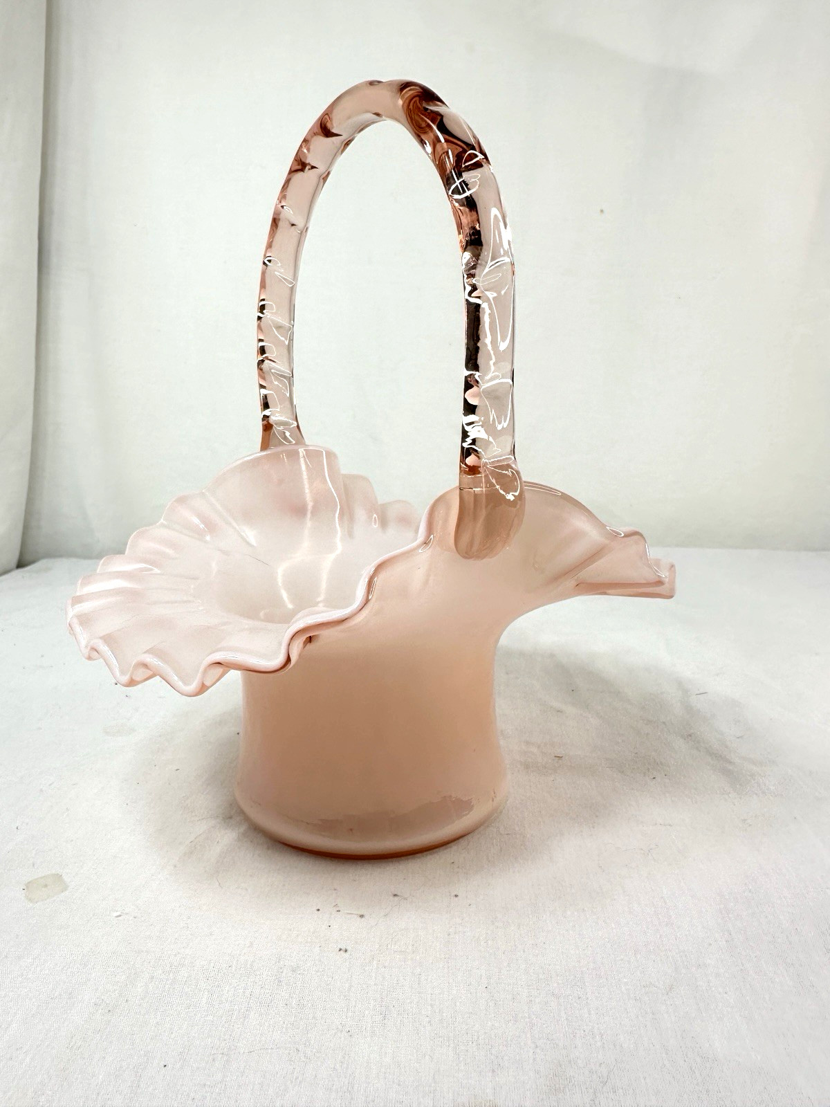 Fenton Art Glass Pink Overlay Ruffled ClearHandle Bridal Basket Easter 8.5″ Vase