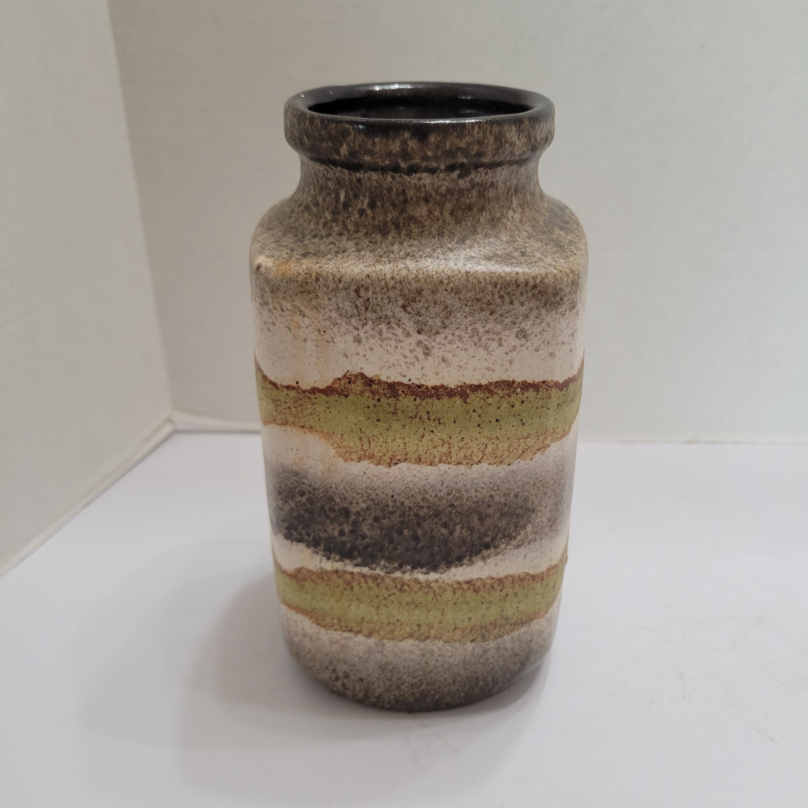 West Germany Speckled Striped Pottery Vase White Brown Greenish 8″ Inchs Tall