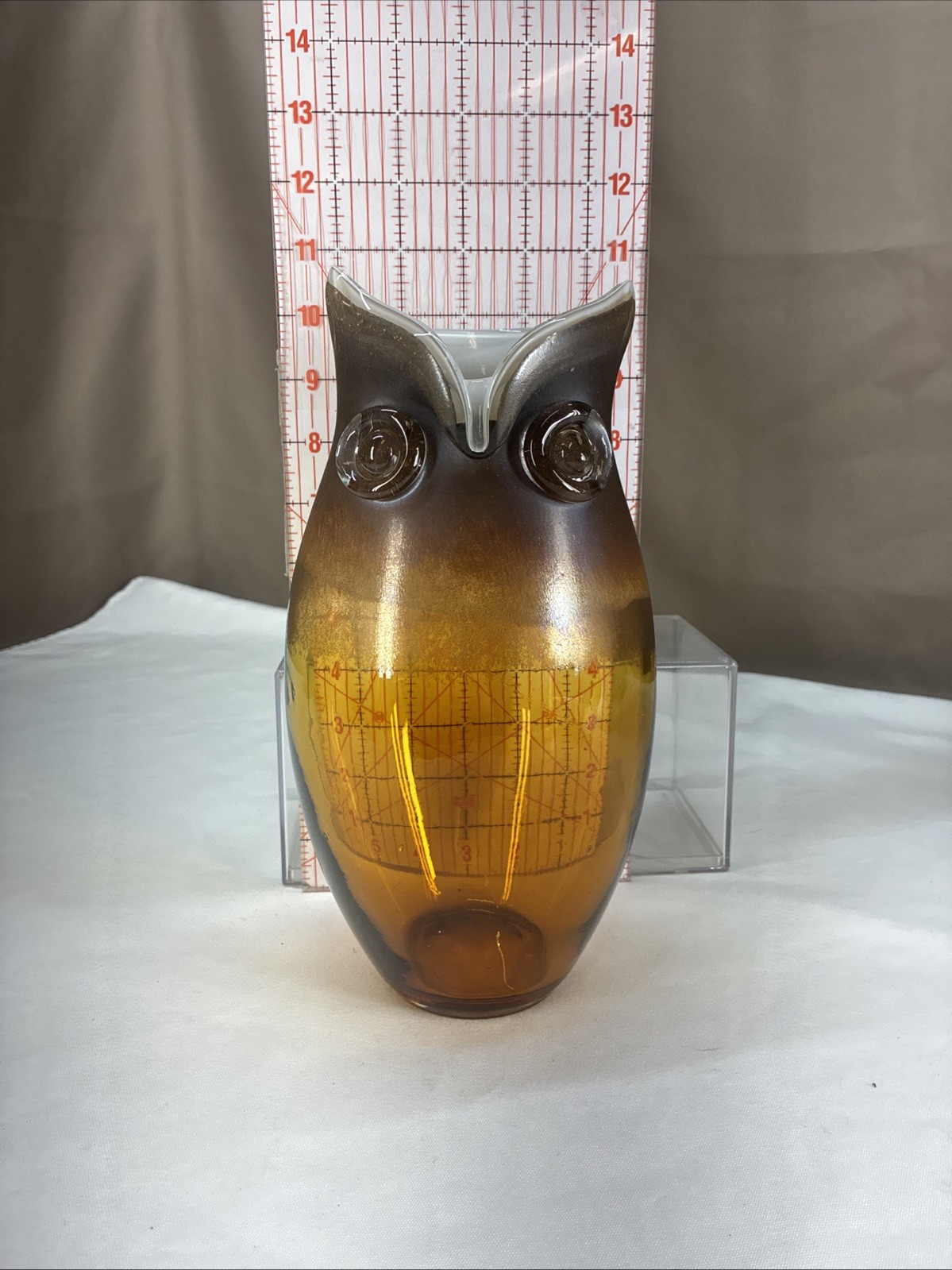 Vintage Boho Style Art Glass Hand Blown Owl Vase 10.5″ Amber, White, Clear Glass
