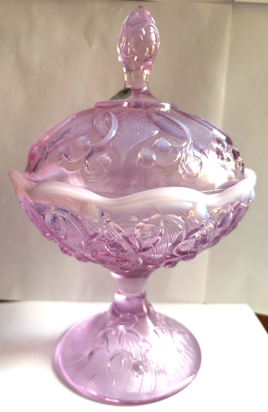 Fenton Pink Lily of the Valley Candy Dish w Lid Iridescent Large Dish