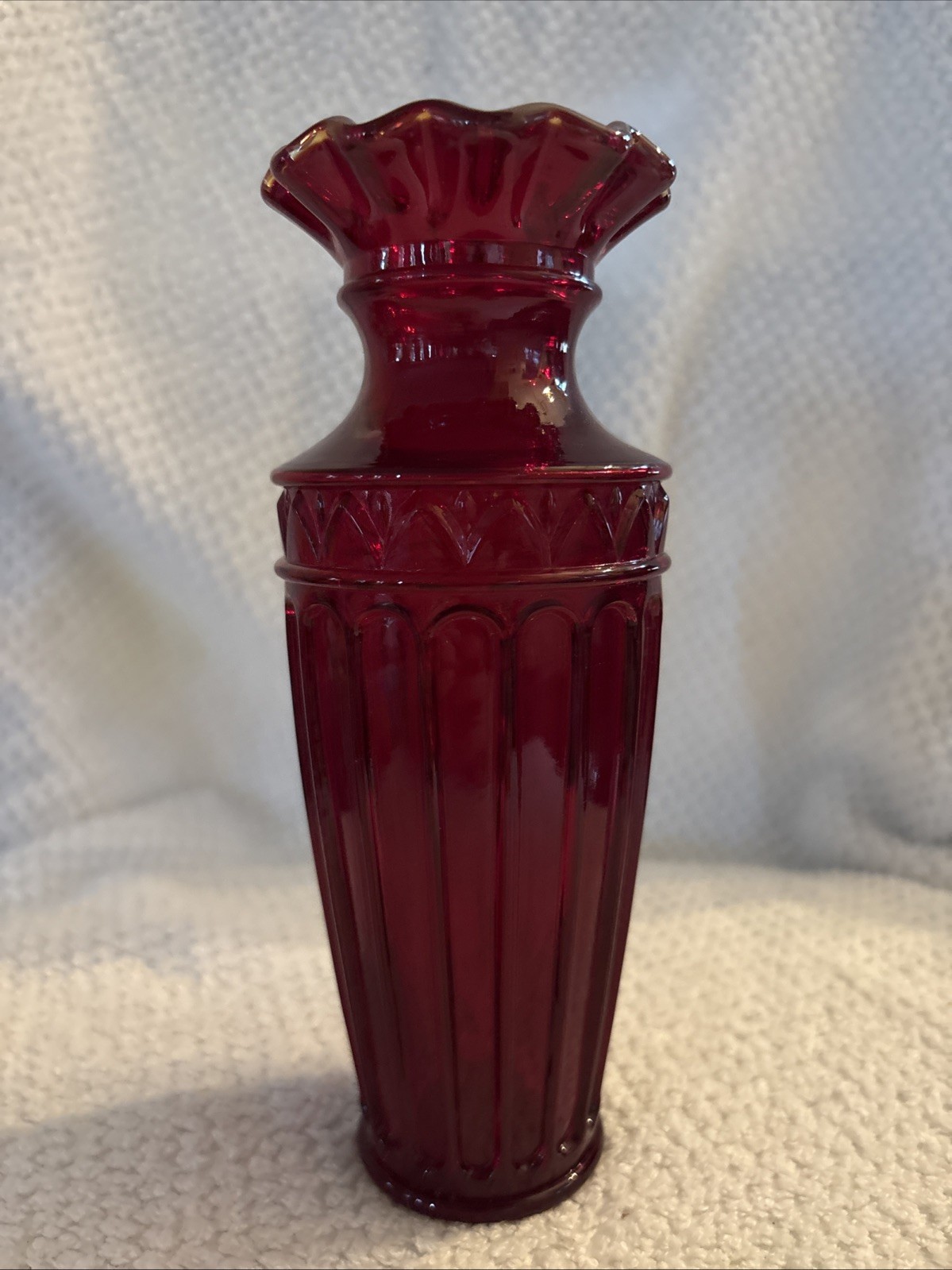 Fenton Art Glass Cranberry Fluted Ruffled Vase Mid Century Column Flute Arch