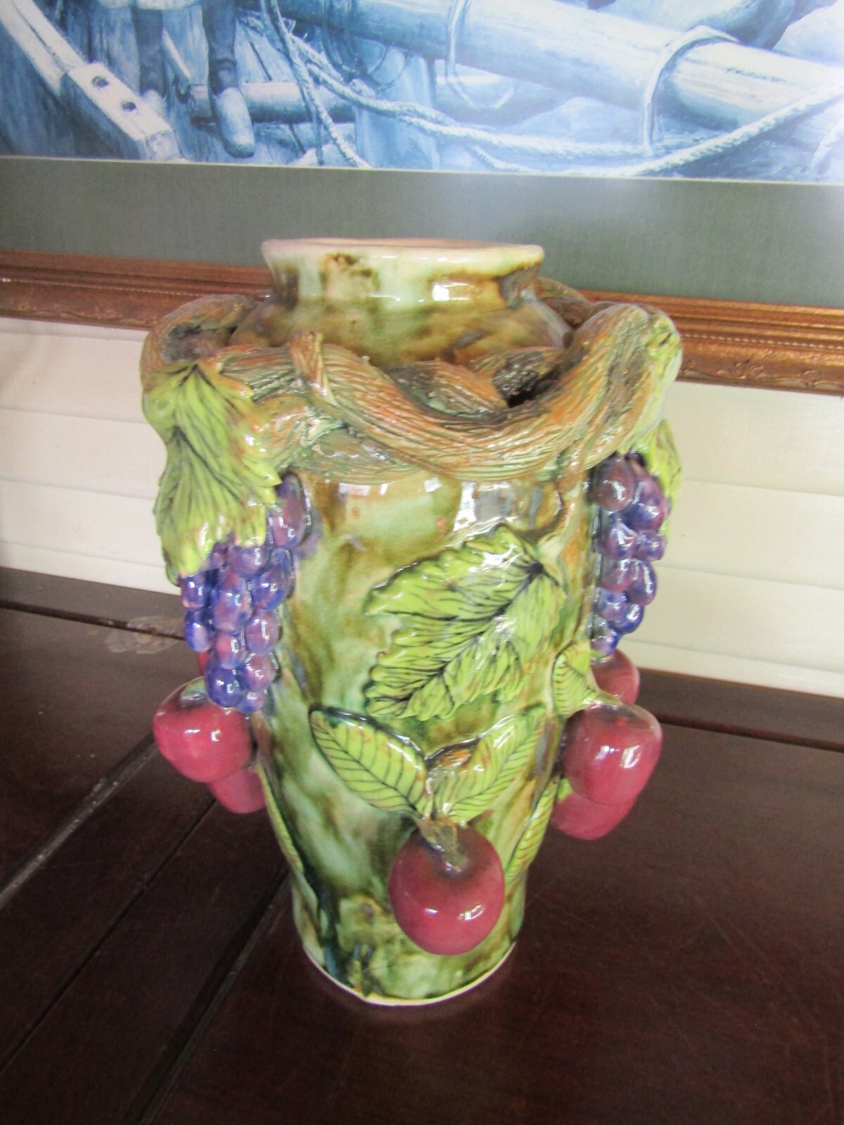 VTG. LARGE MAJOLICA GRAPE VINE & APPLE POTTERY VASE/JUG 12 1/2” TALL/ STUNNING