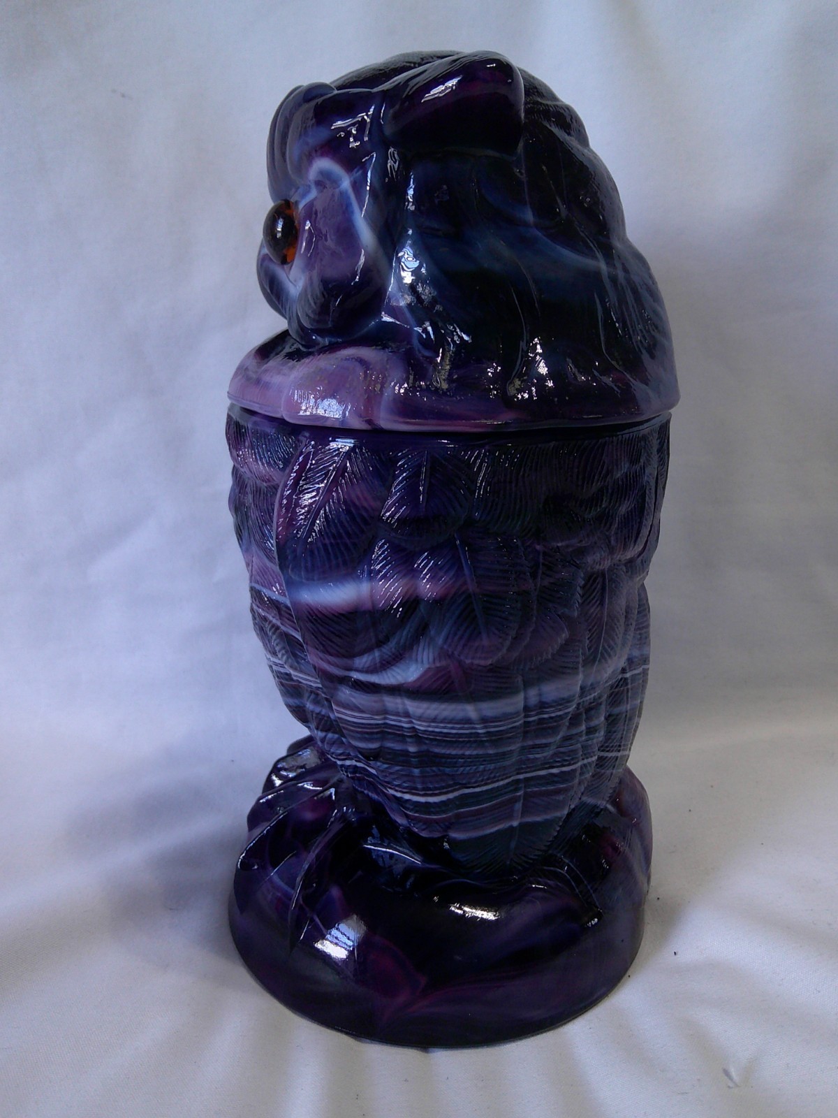 RARE Vintage Imperial Purple Slag Glass Owl Figure Covered Jar w Glass Eyes EVC