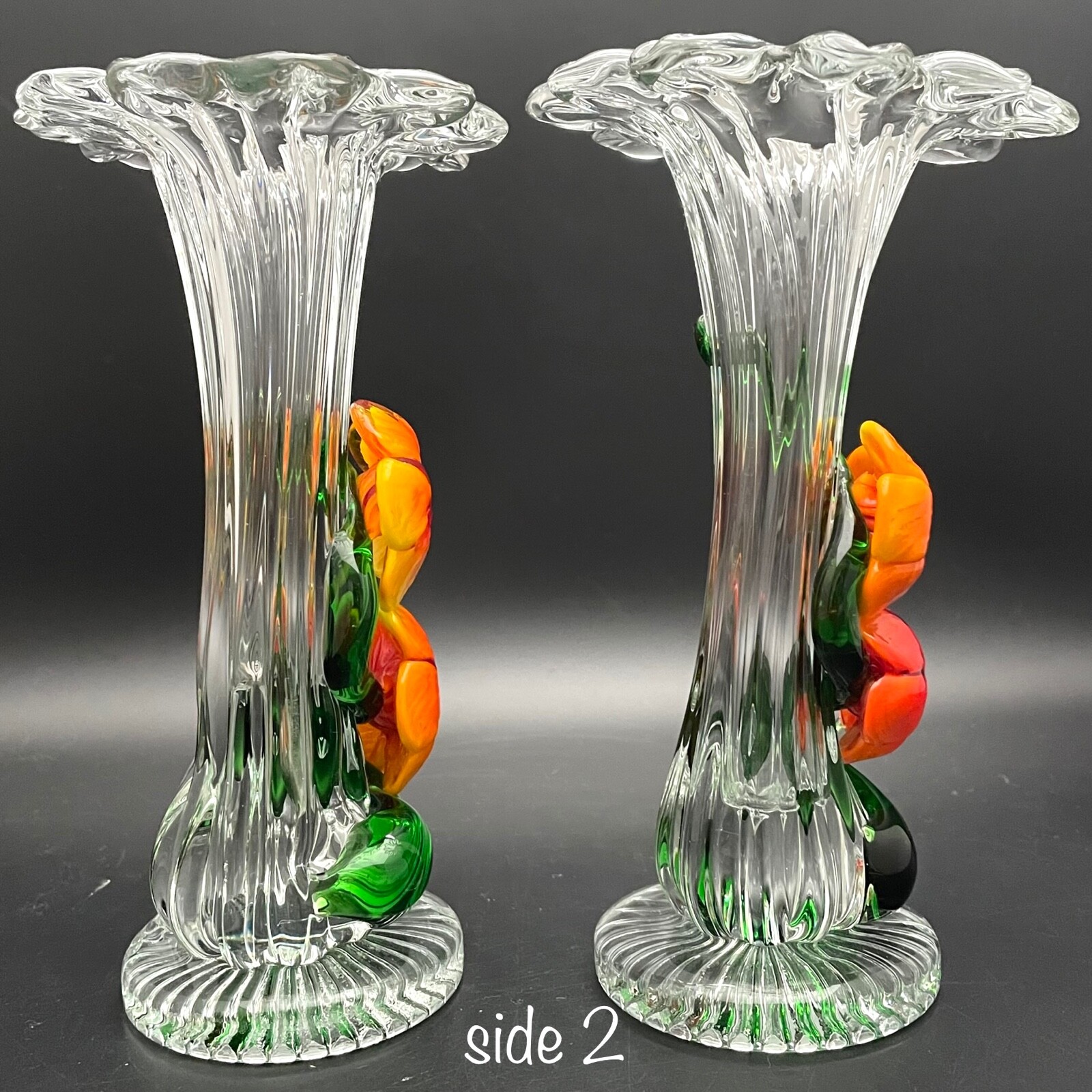 Art Glass Ruffled 2pc Handcrafted Vase Set w/Applied Flowers c1960s Italy 7.25″t
