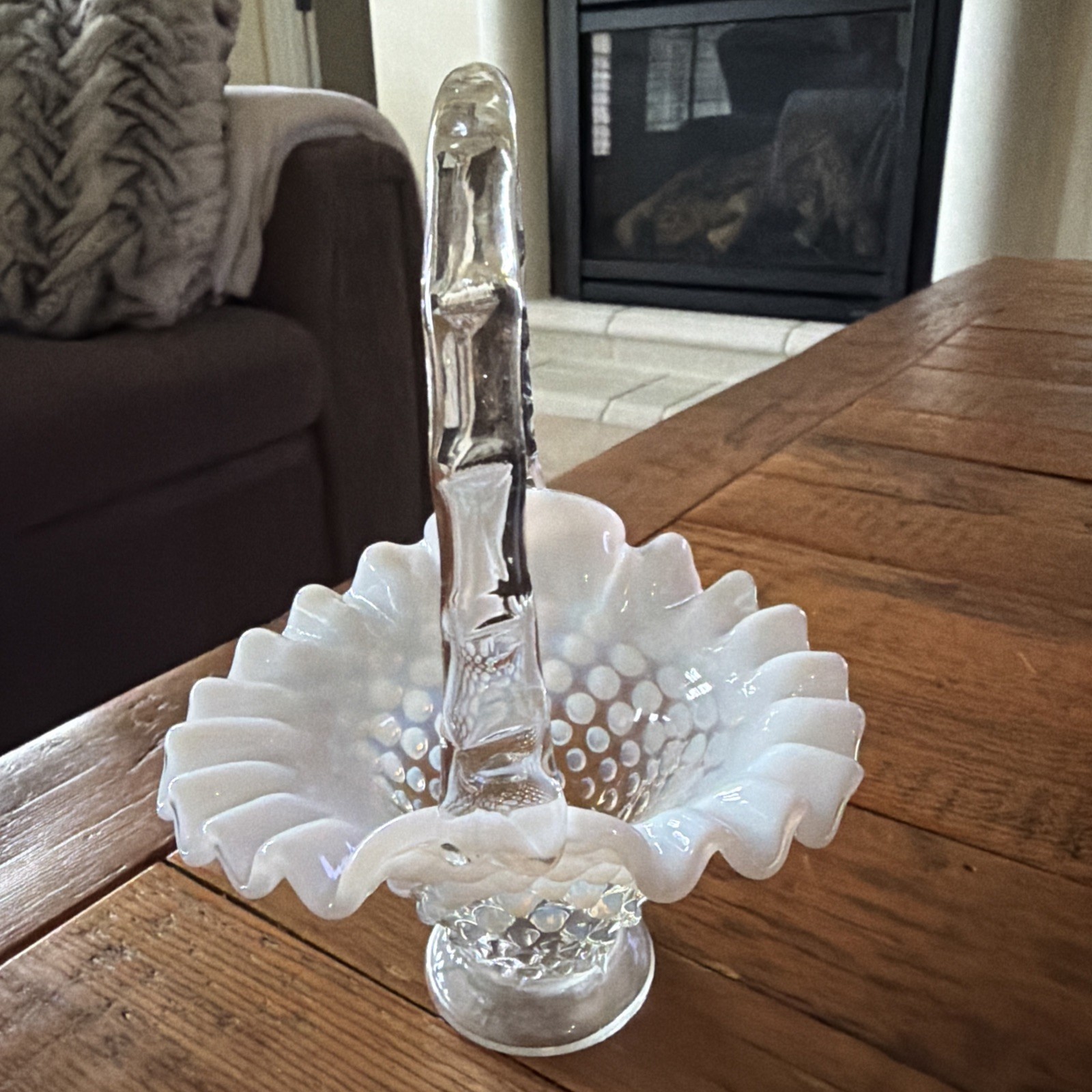 Vintage Fenton Opalescent White Clear Hobnail Basket w/Handle Ruffled Edge 6” H