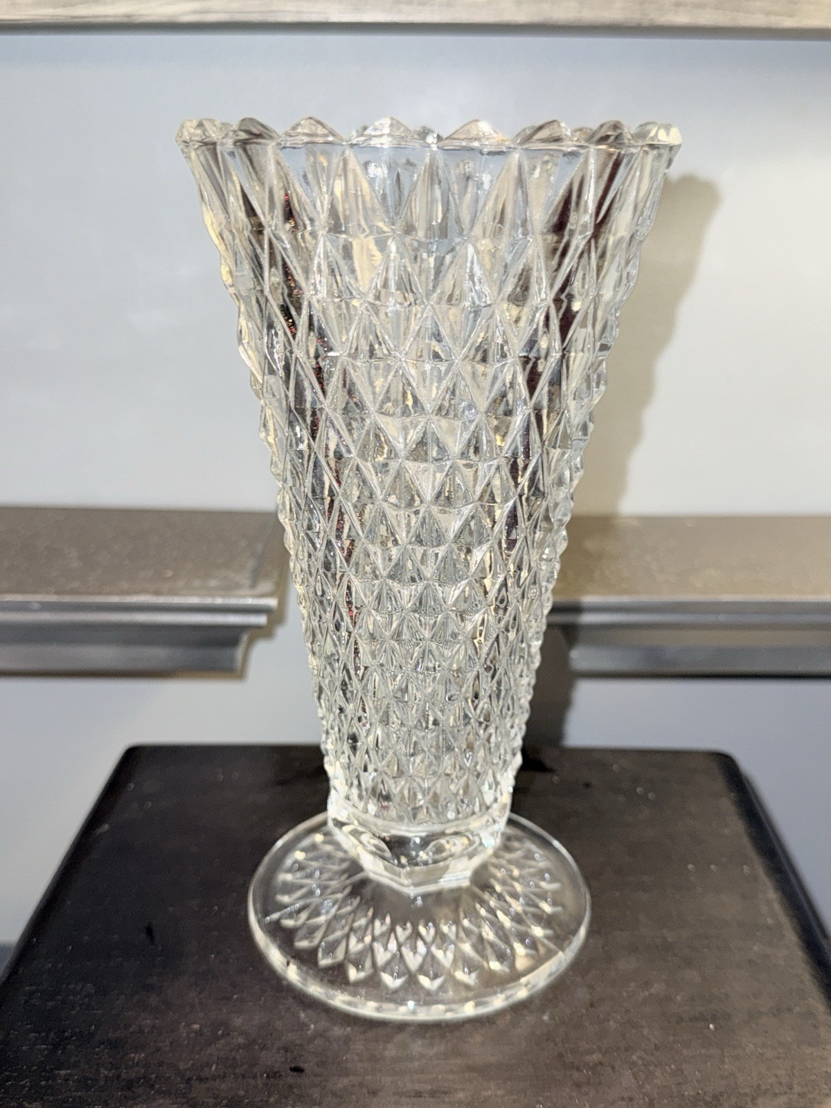 Vintage Indiana Glass Diamond Point Clear Vase 7-7/8″ Tall