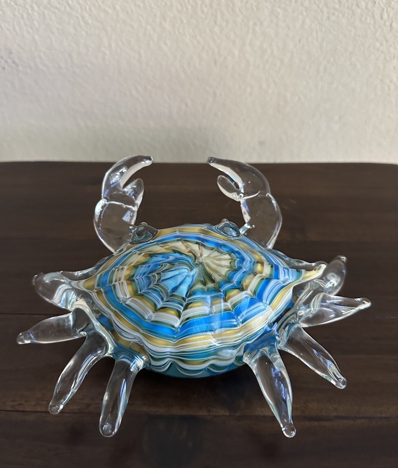 Hand Blown Glass Crab Figurine/Ocean/Beach/Sea Decor-Blue/Yellow/White-7”