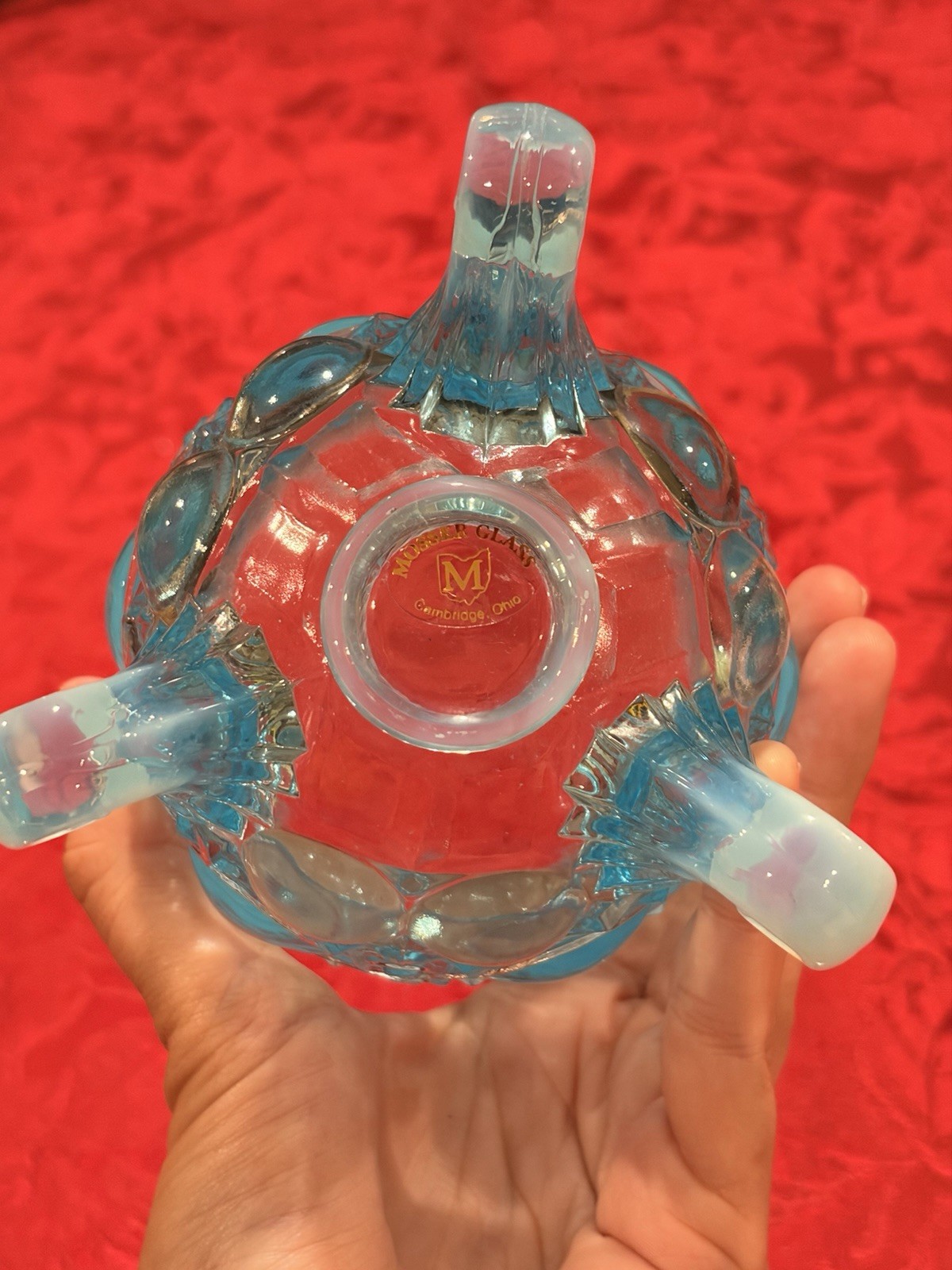 Vintage Mosser Blue Opalescent Eyewinker Spooner Glass Vase Ex Con Signed 6”