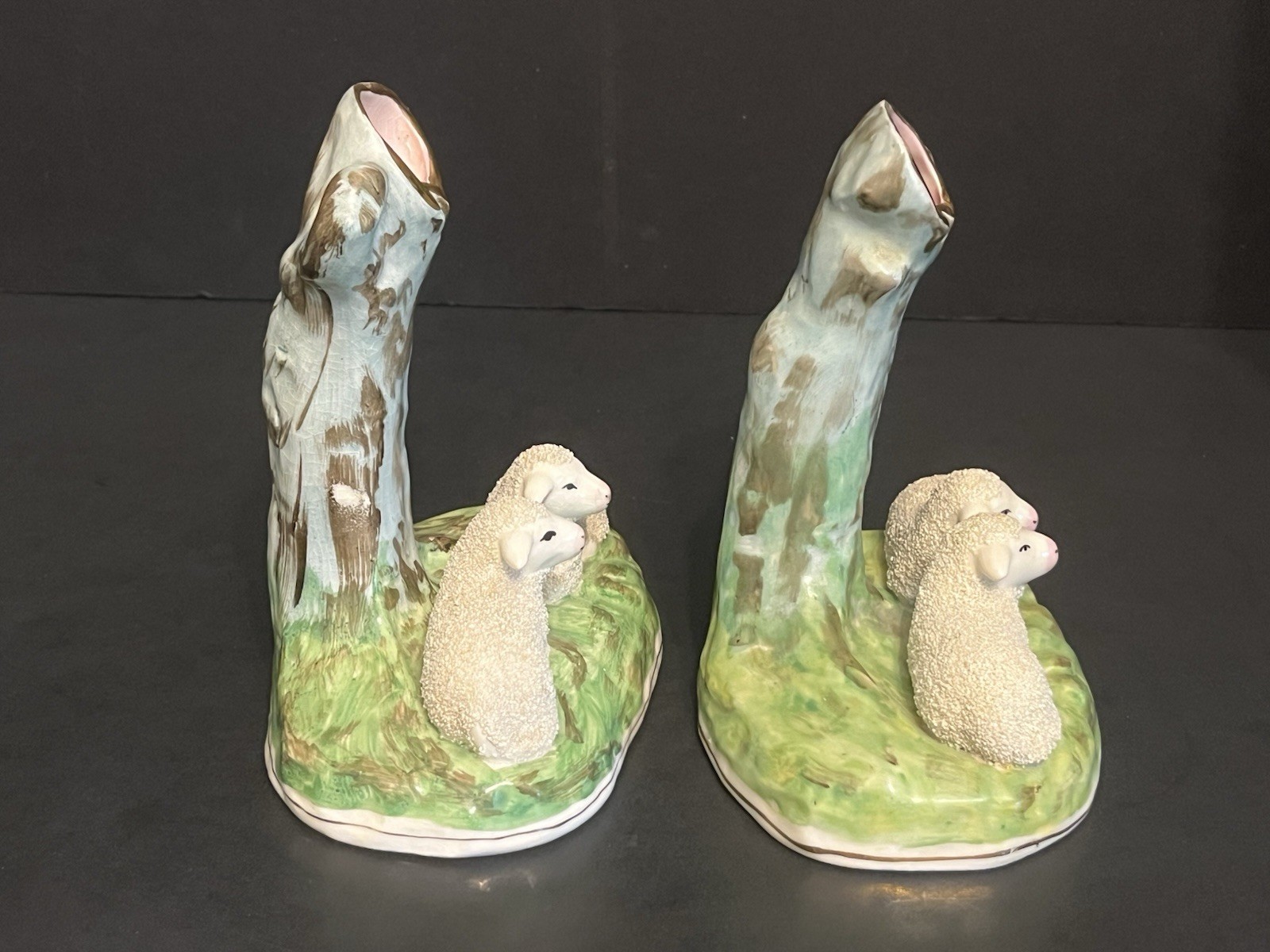 Pair Antique Staffordshire DOUBLE Sheep Spaghetti Spill Vases
