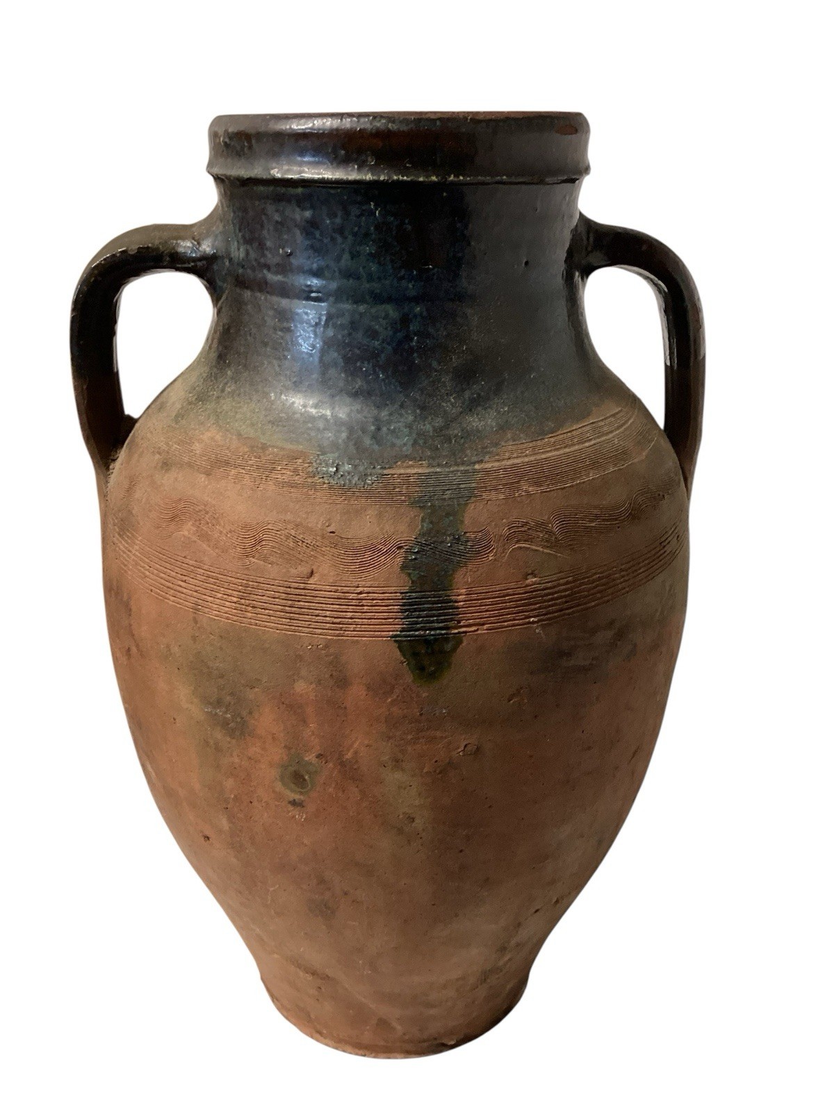 Antique Turkish Terracotta Olive Oil Jar Amphora Dark Patina Clay Pot Urn 16″