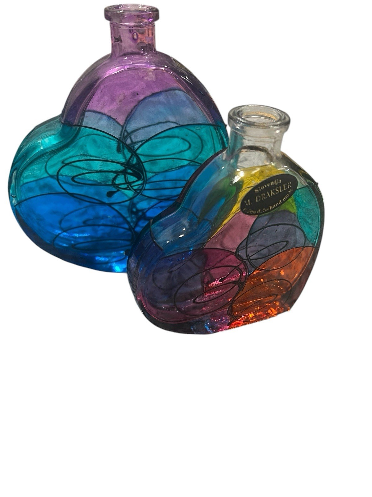 Kefla M Draksler Slovenija Art Glass Bottles (2) Heart Shaped Made In Italy Colo