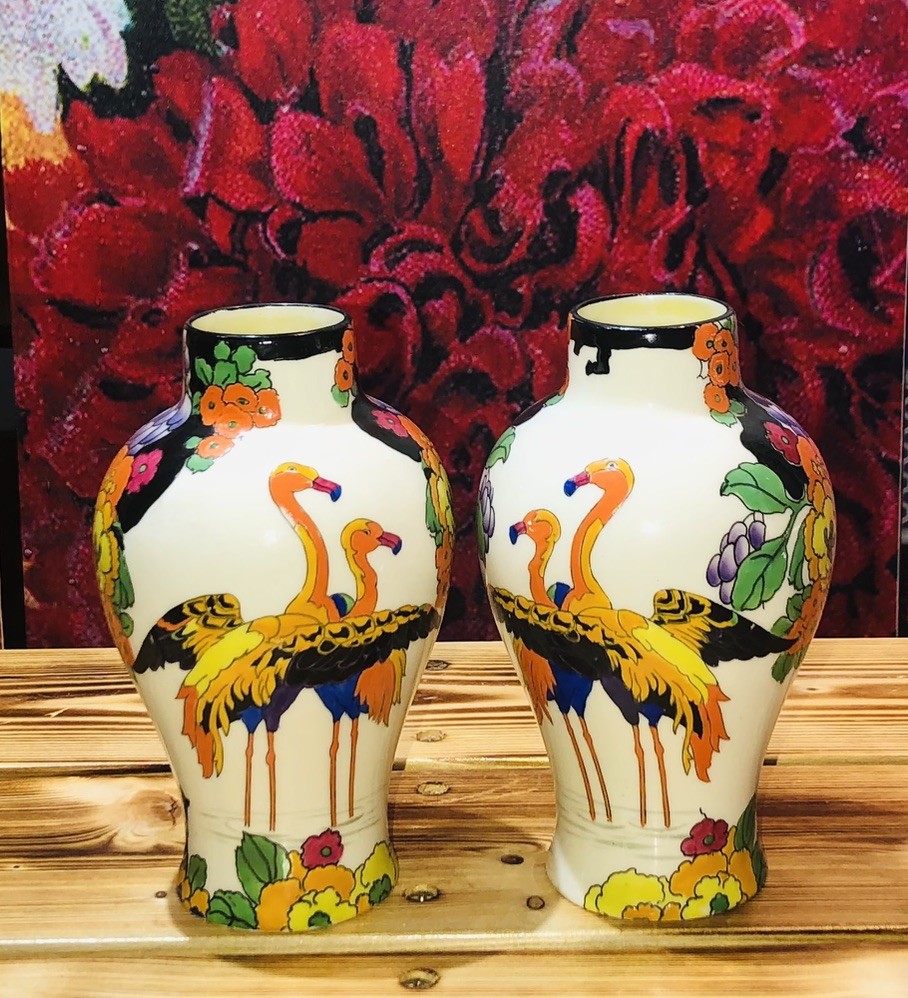 Rare Royal Doulton Mandarin Ware Flamingo Vase by Robert Allen. Pair. 6” H.